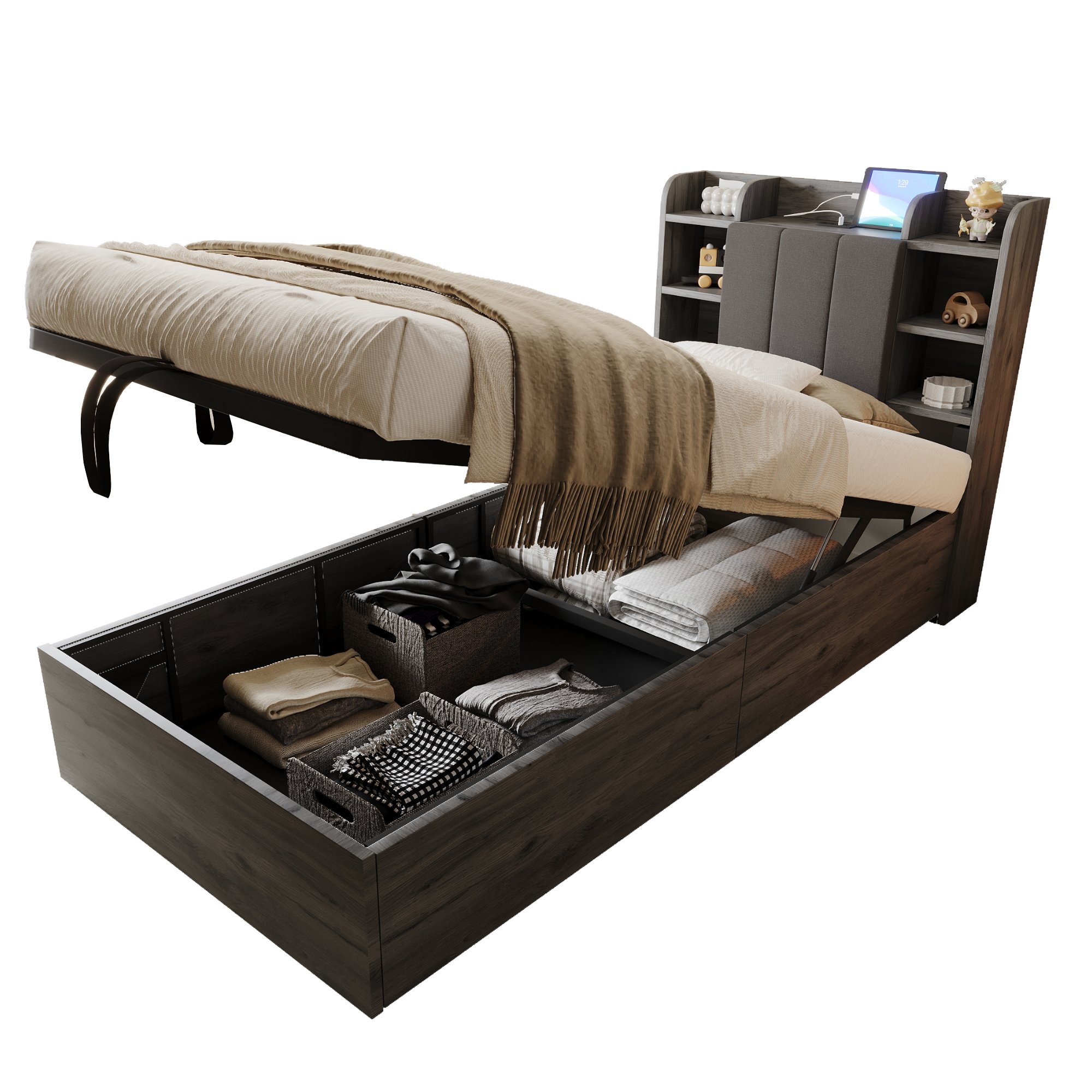 Lit coffre 90x200 en Panneau composite de fibres de bois à densité et contreplaqué, gris, avec rangement hydraulique et tête de lit rembourrée, sans matelas
