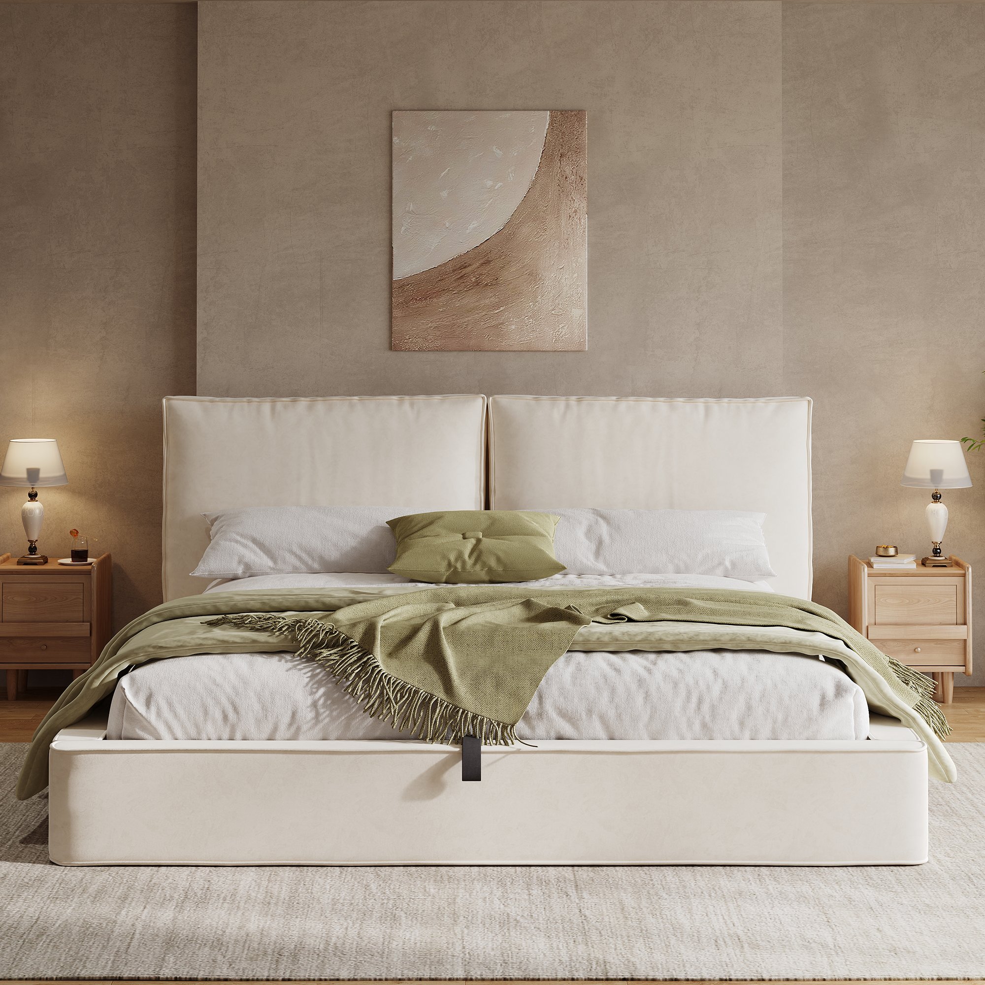 Lit coffre 180x200 cm en velours beige, dimensions totales 231x196x105 cm, capacité 300 kg, sans matelas, rangement hydraulique