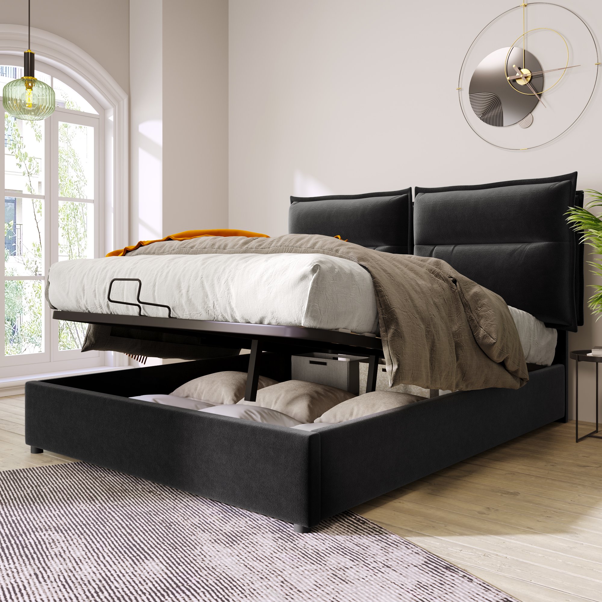 lit coffre 140x200 noir en velours avec rangement hydraulique, tête de lit réglable et sommier à lattes