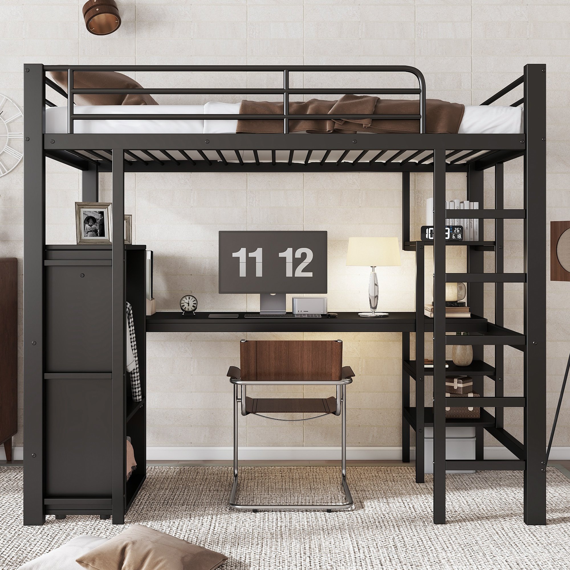 Lit superposé 90x200 avec bureau et armoire, échelle 5 marches, métal noir, pour enfants