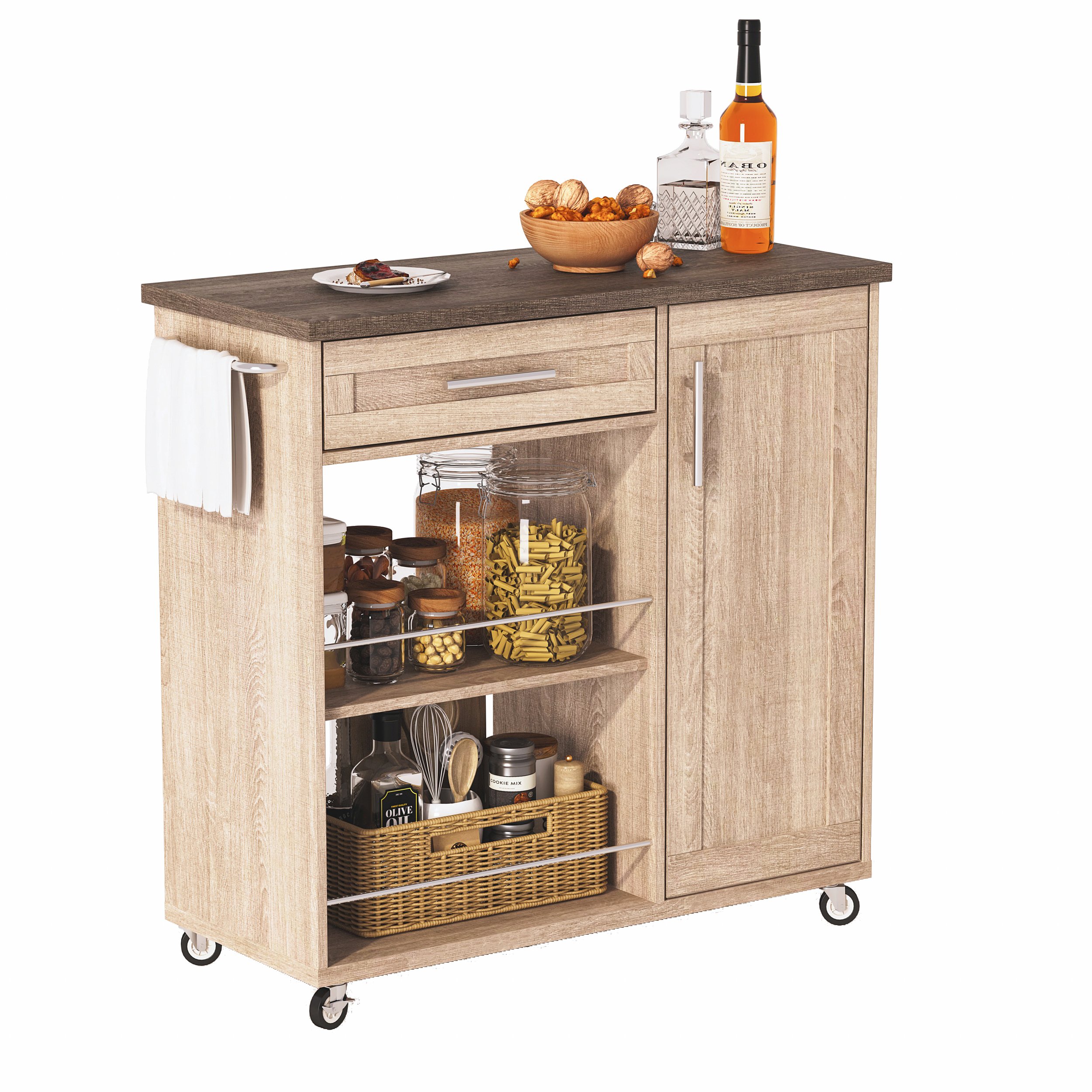 Îlot de cuisine sur roulettes 90x62x90 cm en Panneau composite de fibres de bois à densité avec rangement, tiroir, placard et étagères, style chêne sonoma