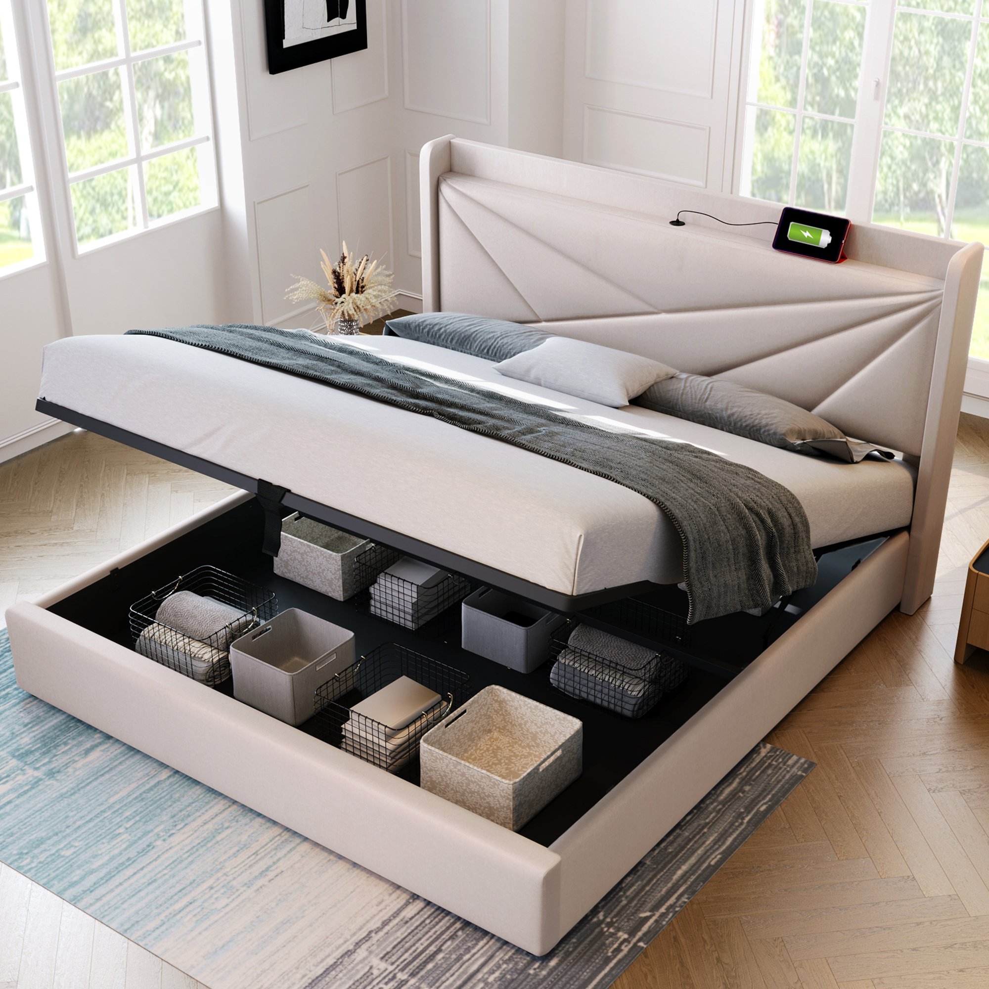 lit coffre 140x200 avec structure en métal et bois, revêtement en coton lin beige, tête de lit rembourrée et sommier à lattes
