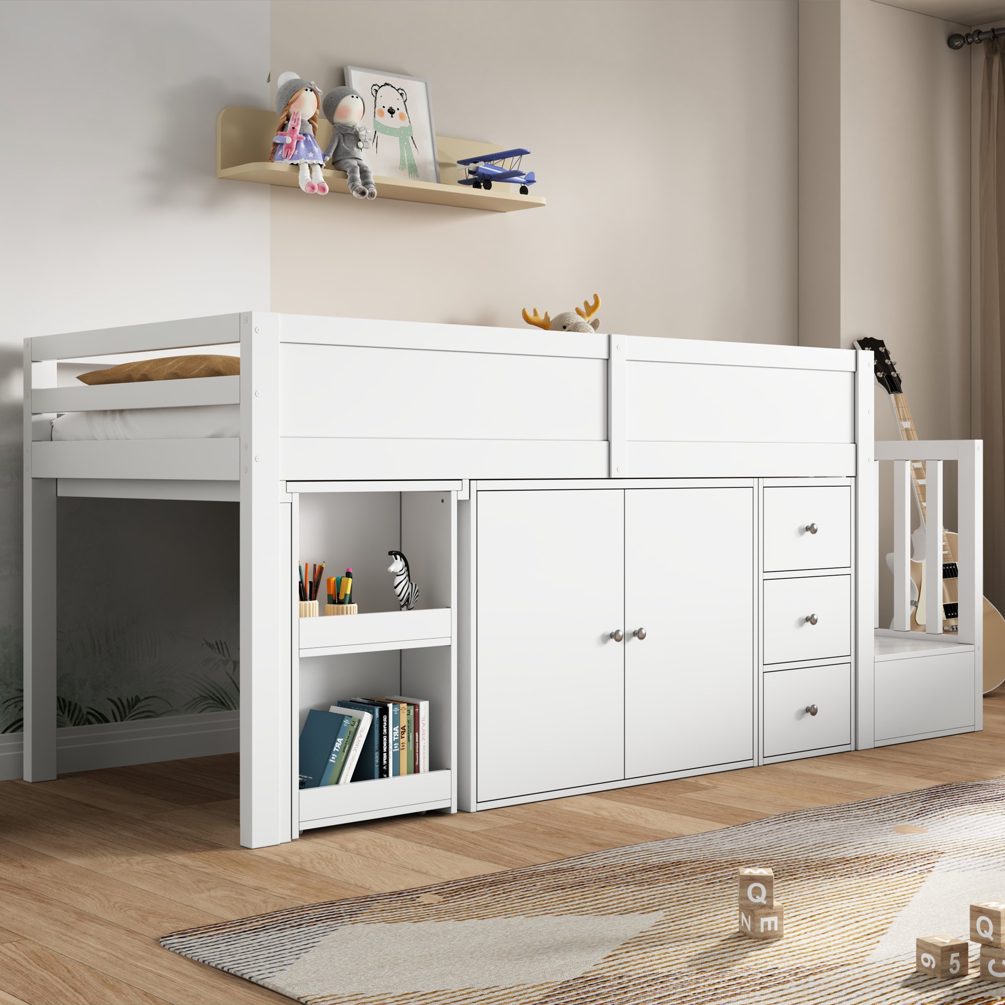 Lit Superposé Enfant 90x200 avec tiroir et escalier-magasin, style moderne blanc, montage facile pour petits espaces