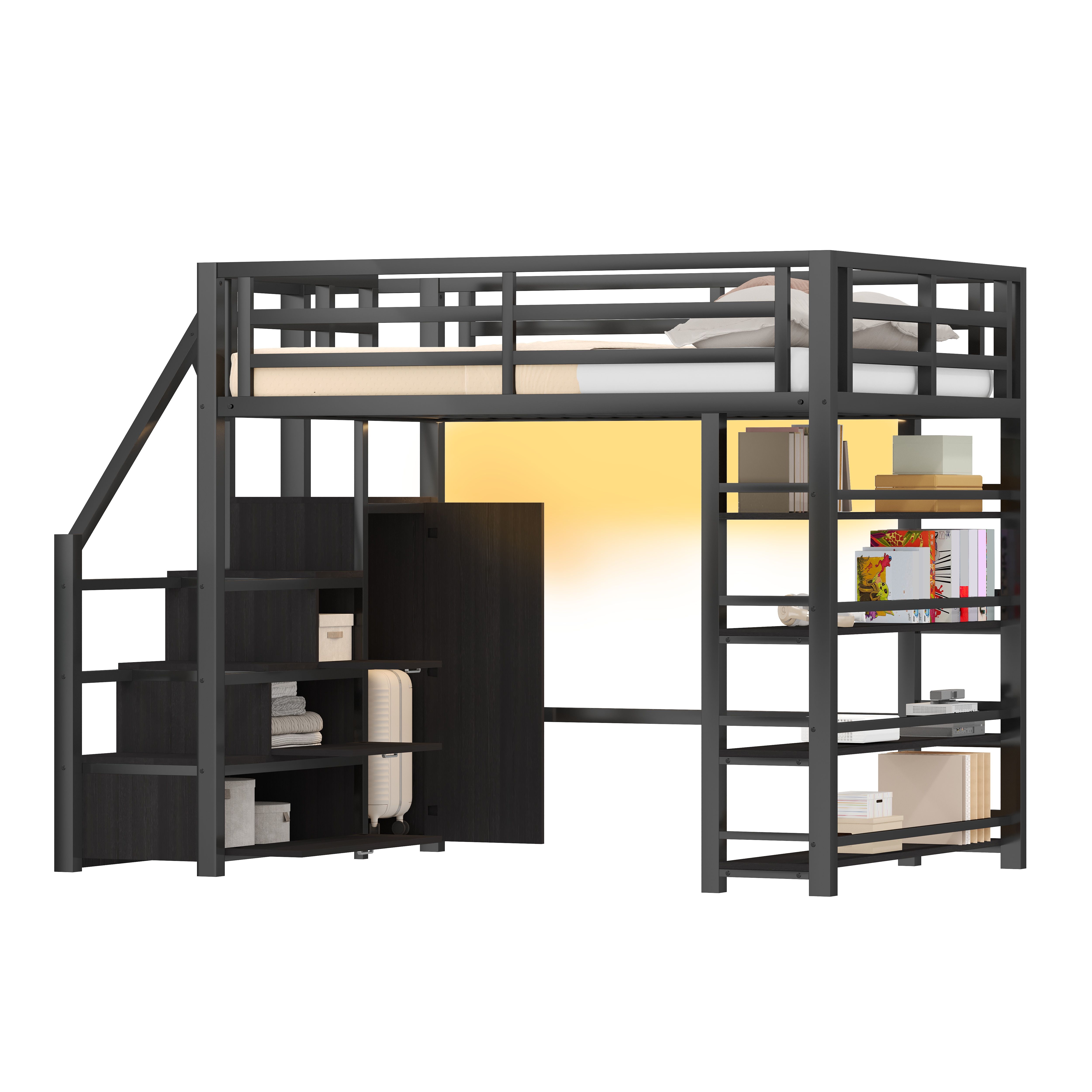 Lit mezzanine 140x200 en métal et Panneau composite de fibres de bois à densité avec rangements, armoire et échelle intégrée