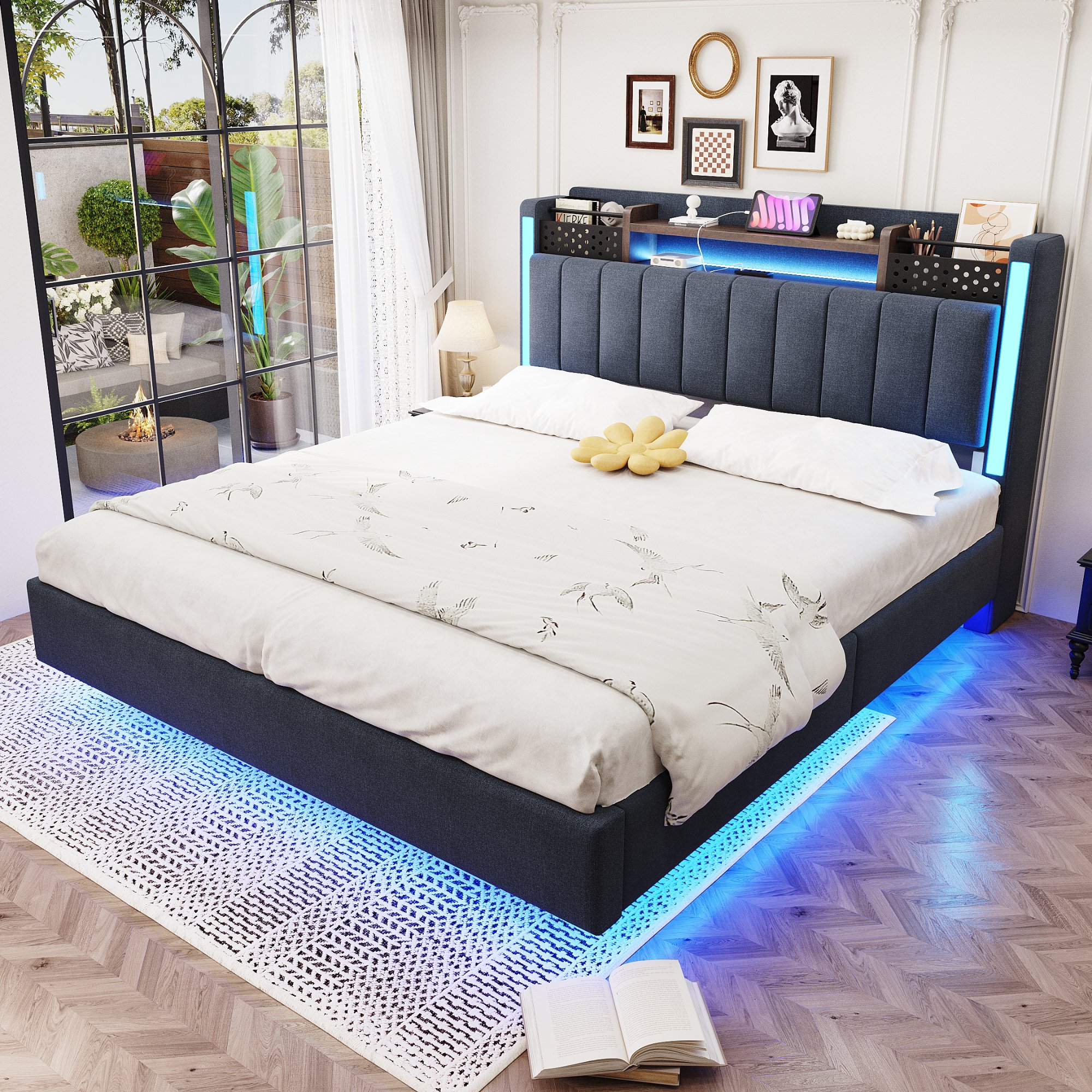 Lit coffre 140x200 avec tête de lit escamotable, rangement intégré, LED et port USB