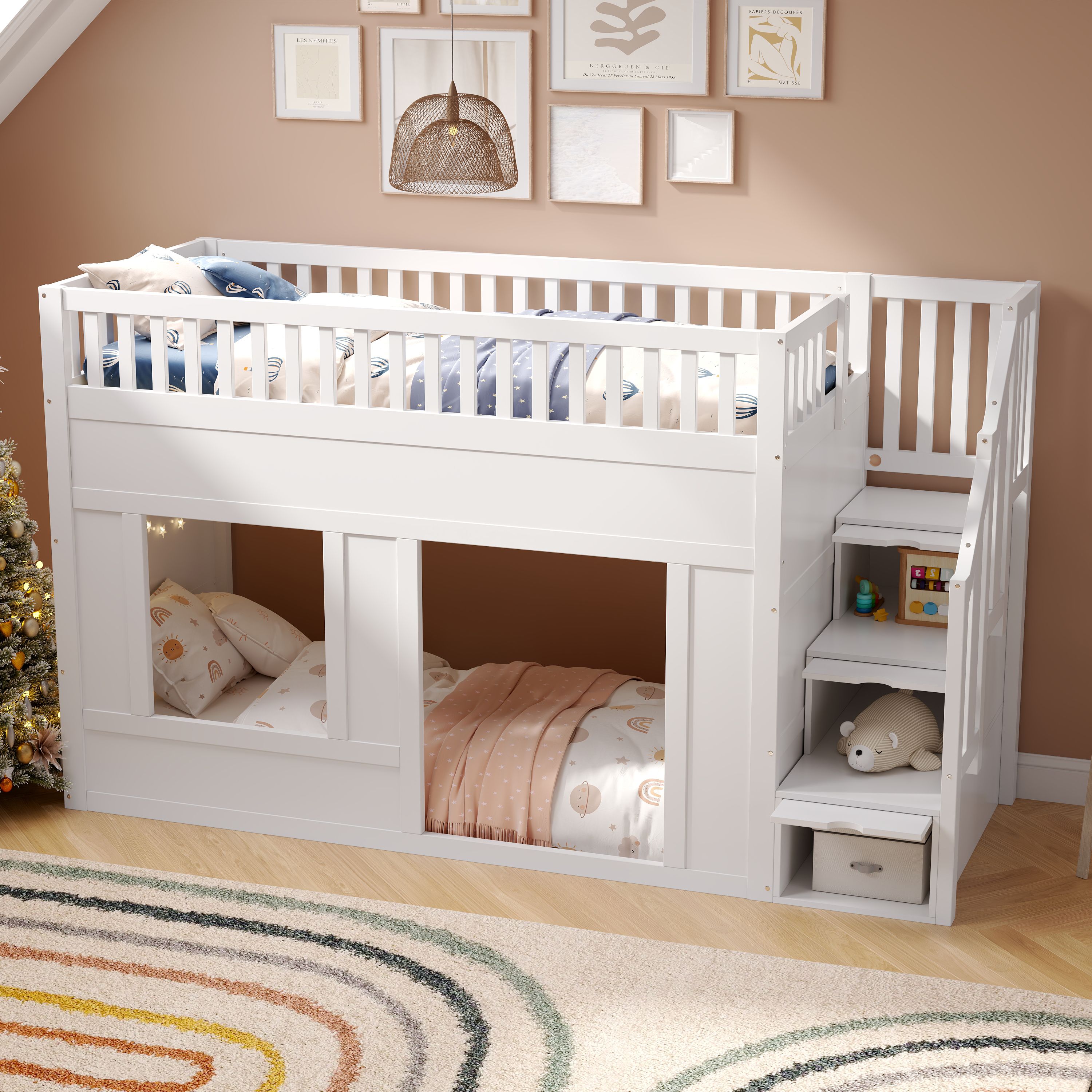 Lit superposé enfant 90x200 blanc avec escalier de rangement et zone de jeu inférieure, kit complet incluant sommier à lattes