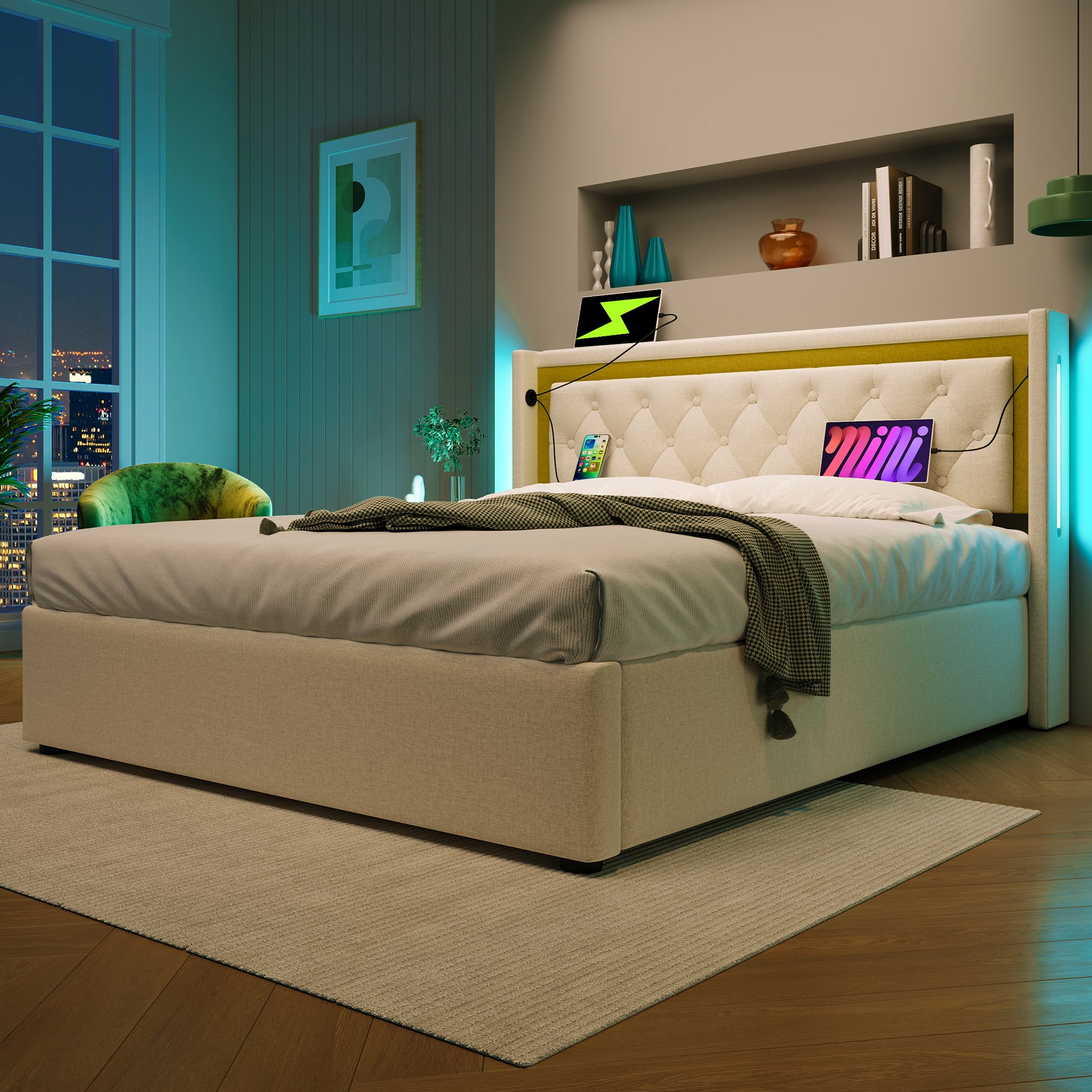 lit coffre 140x200 avec LED télécommande, USB Type-C et rangement hydraulique sous sommier à lattes beige