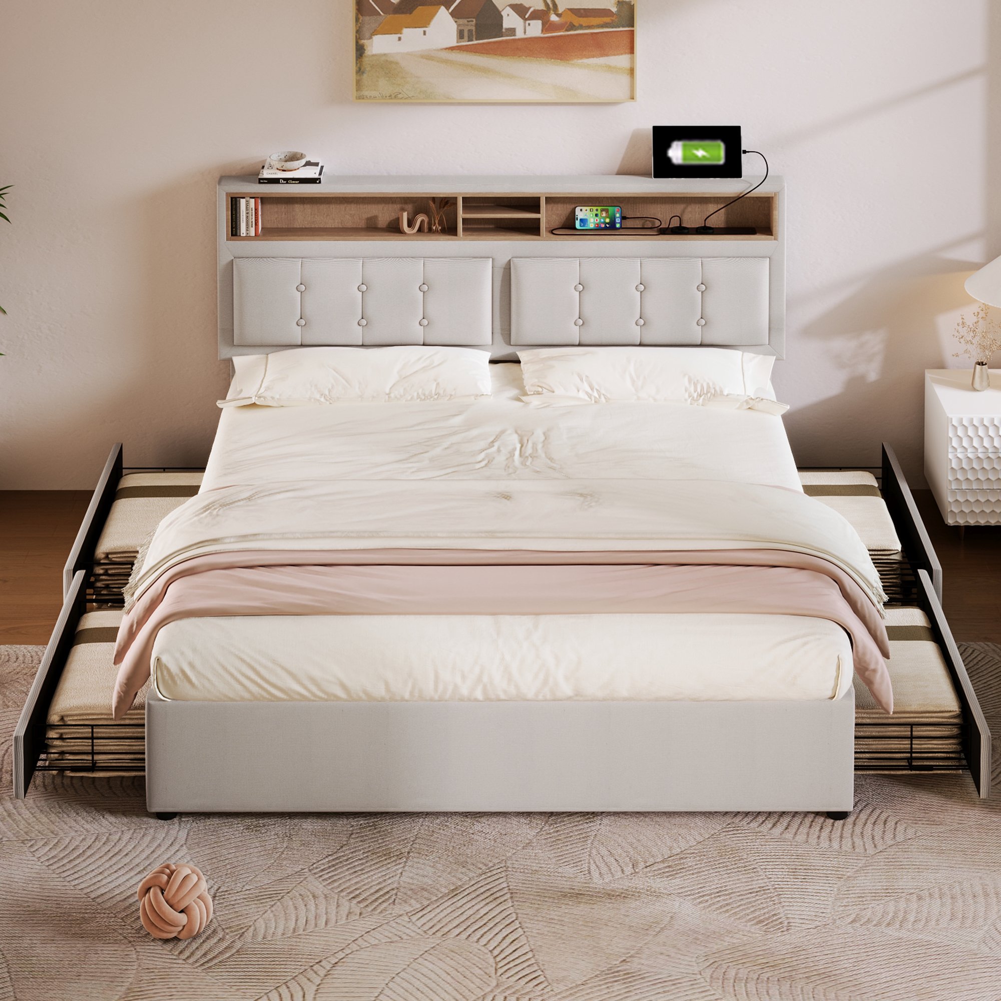 lit rembourré 140x200 beige avec sommier à lattes, 4 tiroirs, tête de lit réglable et ports USB Type-C