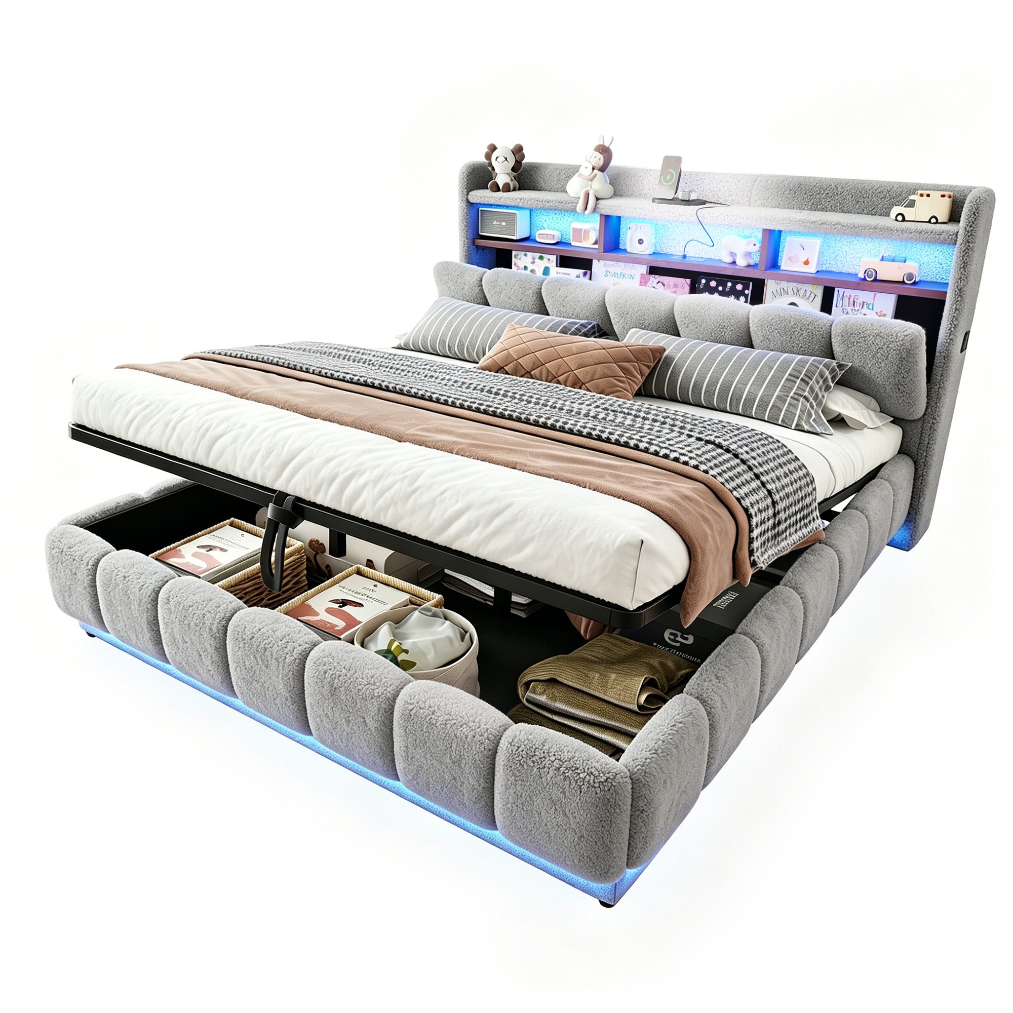 Lit coffre 180x200 en tissu laineux, structure métallique et sommier à lattes, avec rangement hydraulique