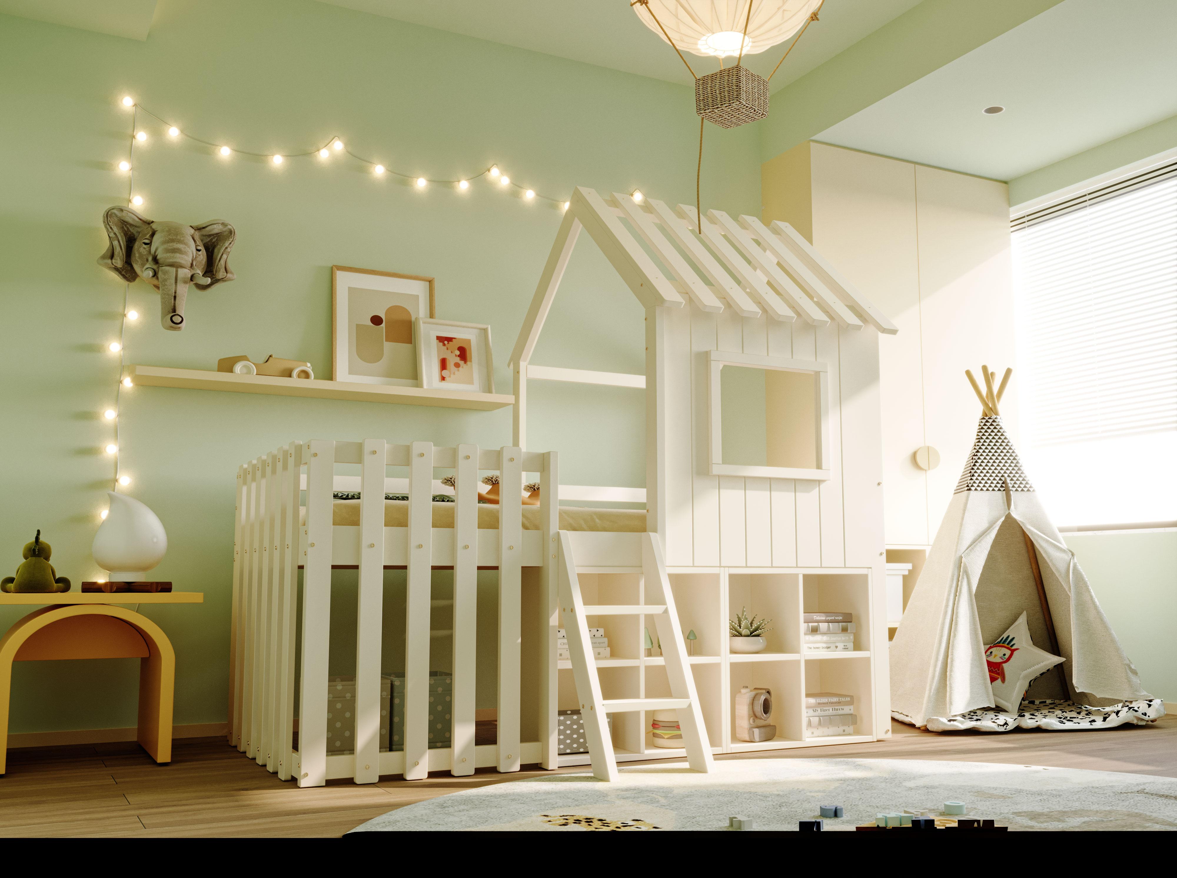 Lit cabane enfant 90x200 avec rangement, échelle et fenêtres, bois massif blanc