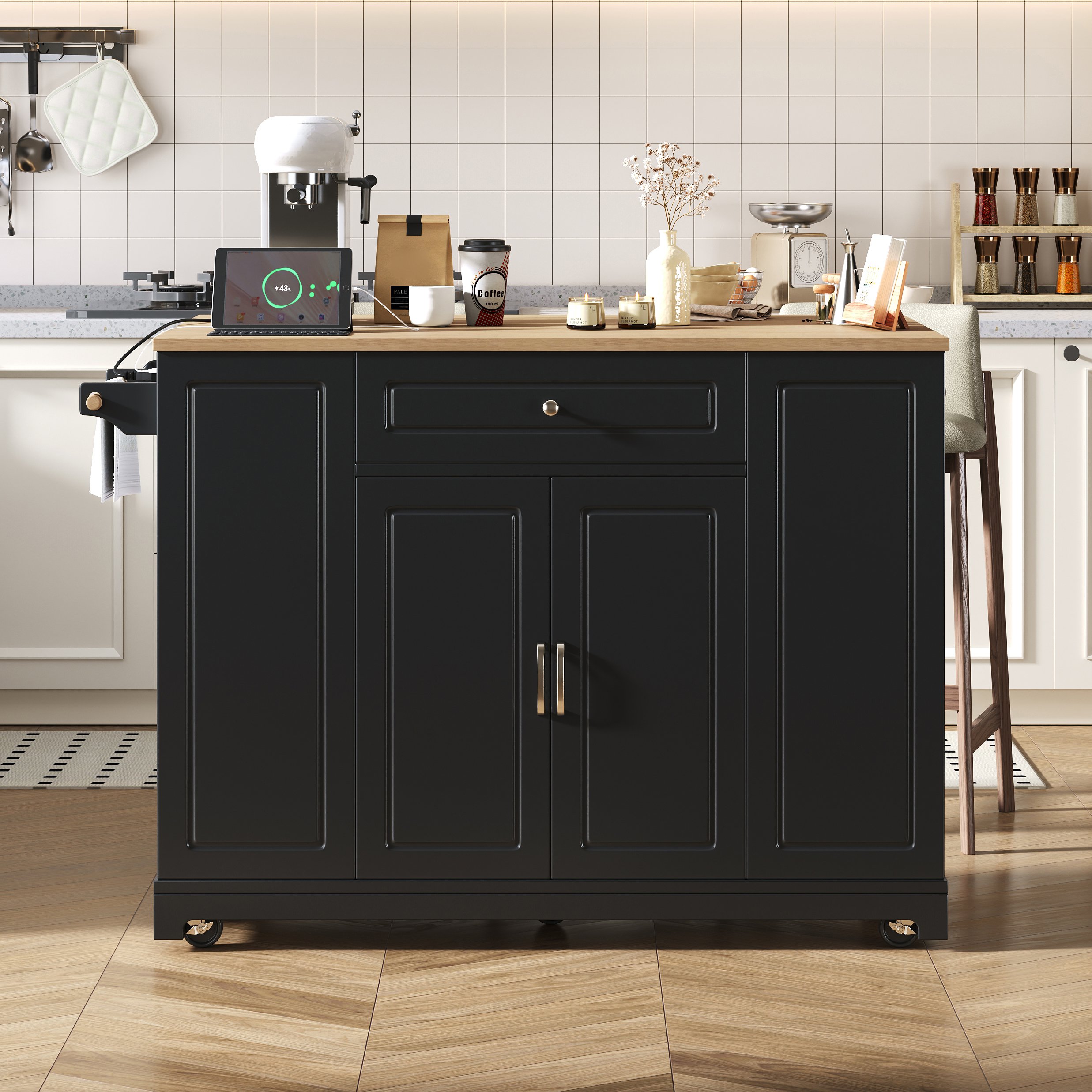 Îlot de cuisine avec plan de travail extensible, prises électriques, ports USB, rangements et poubelle intégrée, sur roulettes