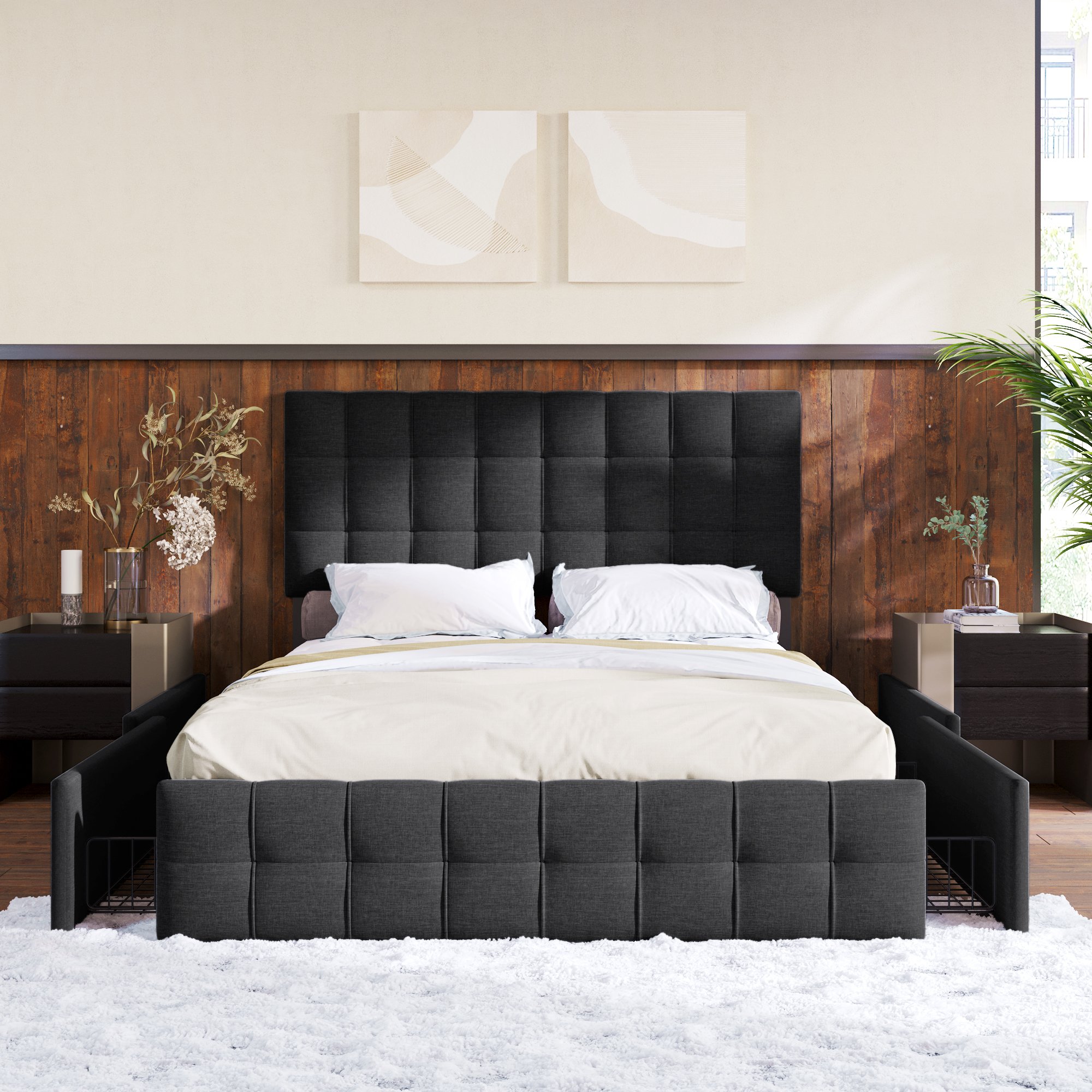 lit coffre 140x200 noir en tissu lin avec tête de lit rembourrée et sommier à lattes métallique, 4 tiroirs de rangement