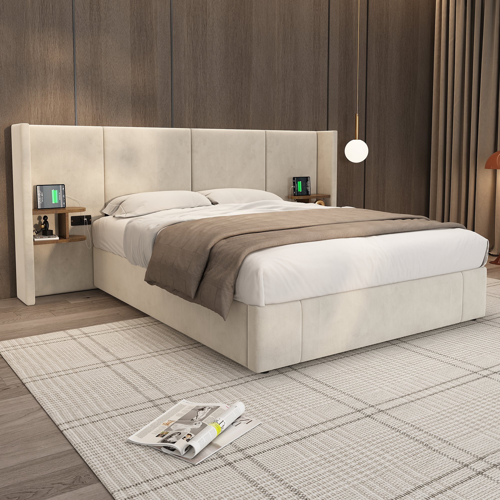 Lit coffre 160x200 cm velours beige avec rangement hydraulique, ports USB Type-C et A, prise secteur et sommier à lattes bois