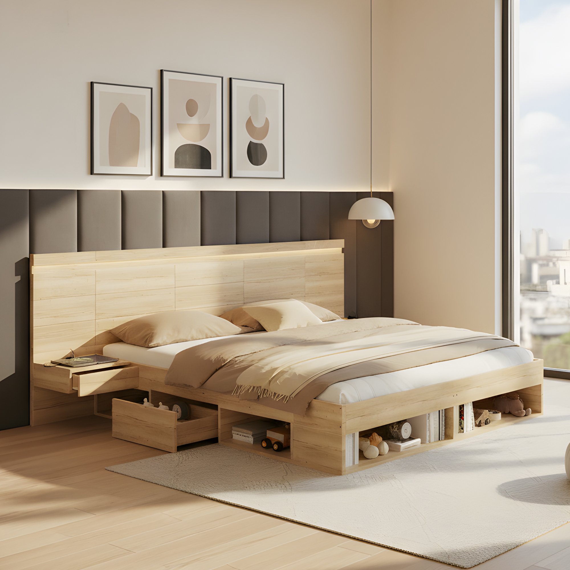 Lit coffre 180x200 structure Panneau composite de fibres de bois à densité robuste finition naturelle avec tiroirs latéraux et pied de lit pour un rangement optimal