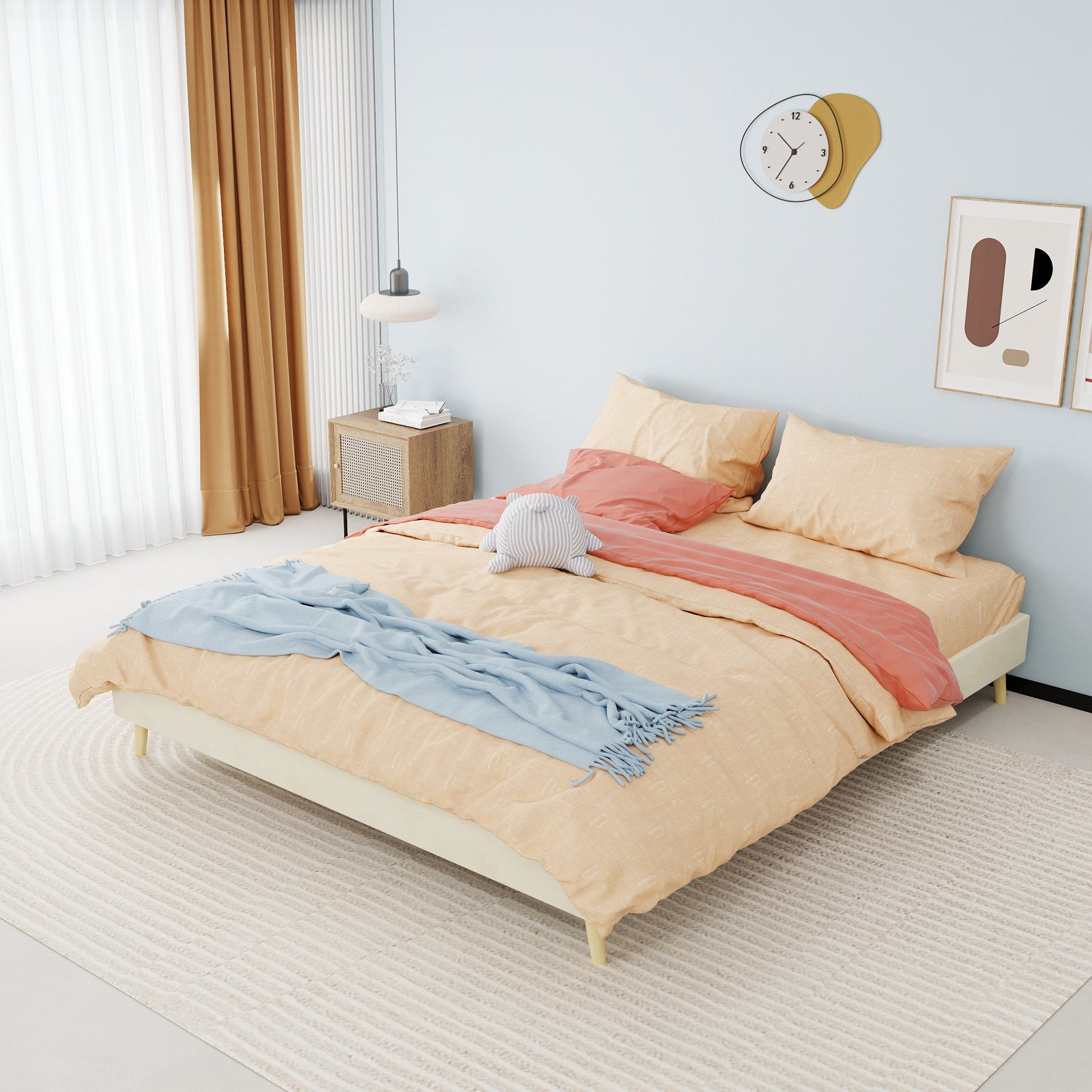 Lit 160x200 avec sommier en velours beige, cadre moderne à profil bas, tête de lit séparée, sans matelas, montage facile