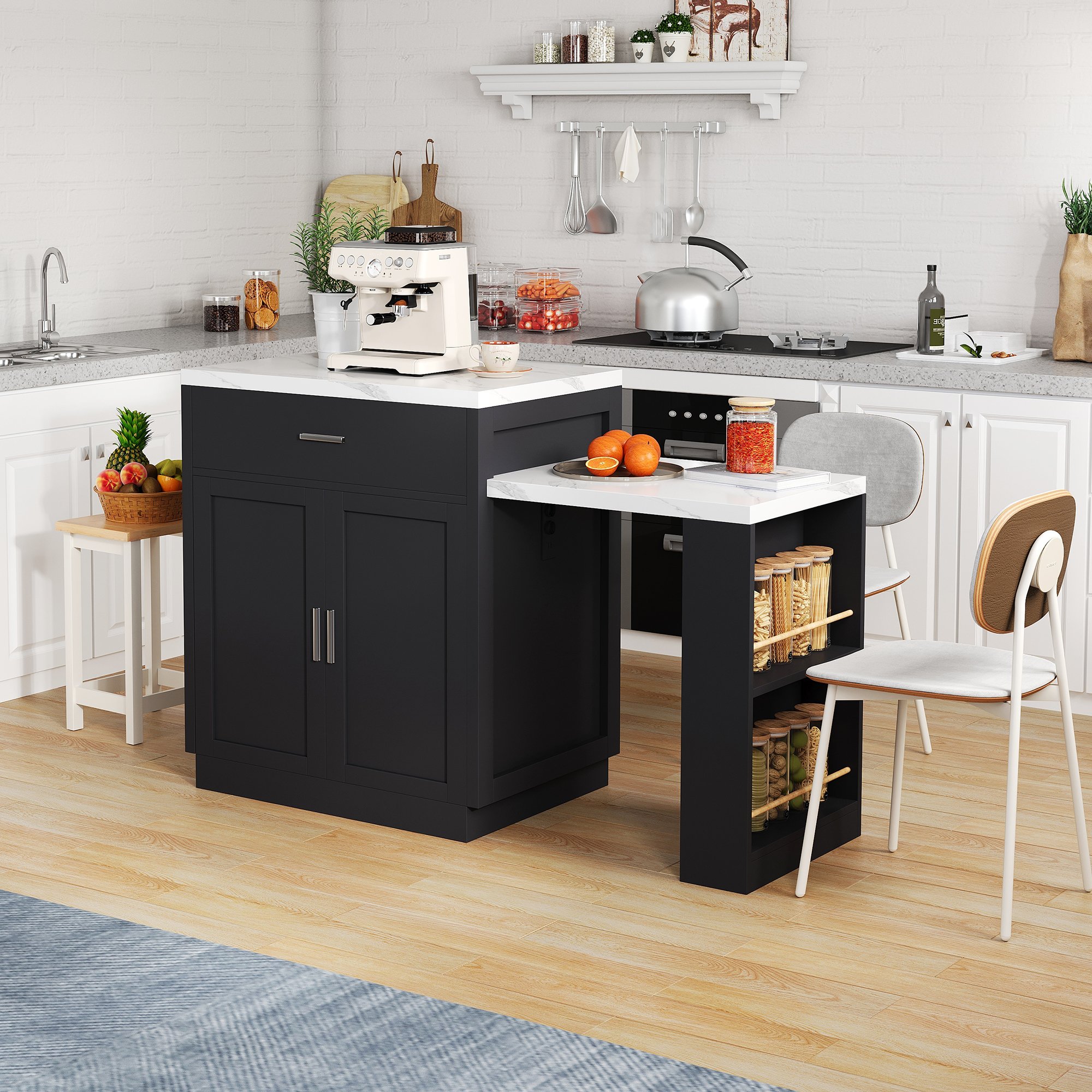 Îlot de cuisine en Panneau composite de fibres de bois à densité avec plan de travail en marbre, table extensible, rangements et tiroirs, dimensions 211x55x89,5 cm