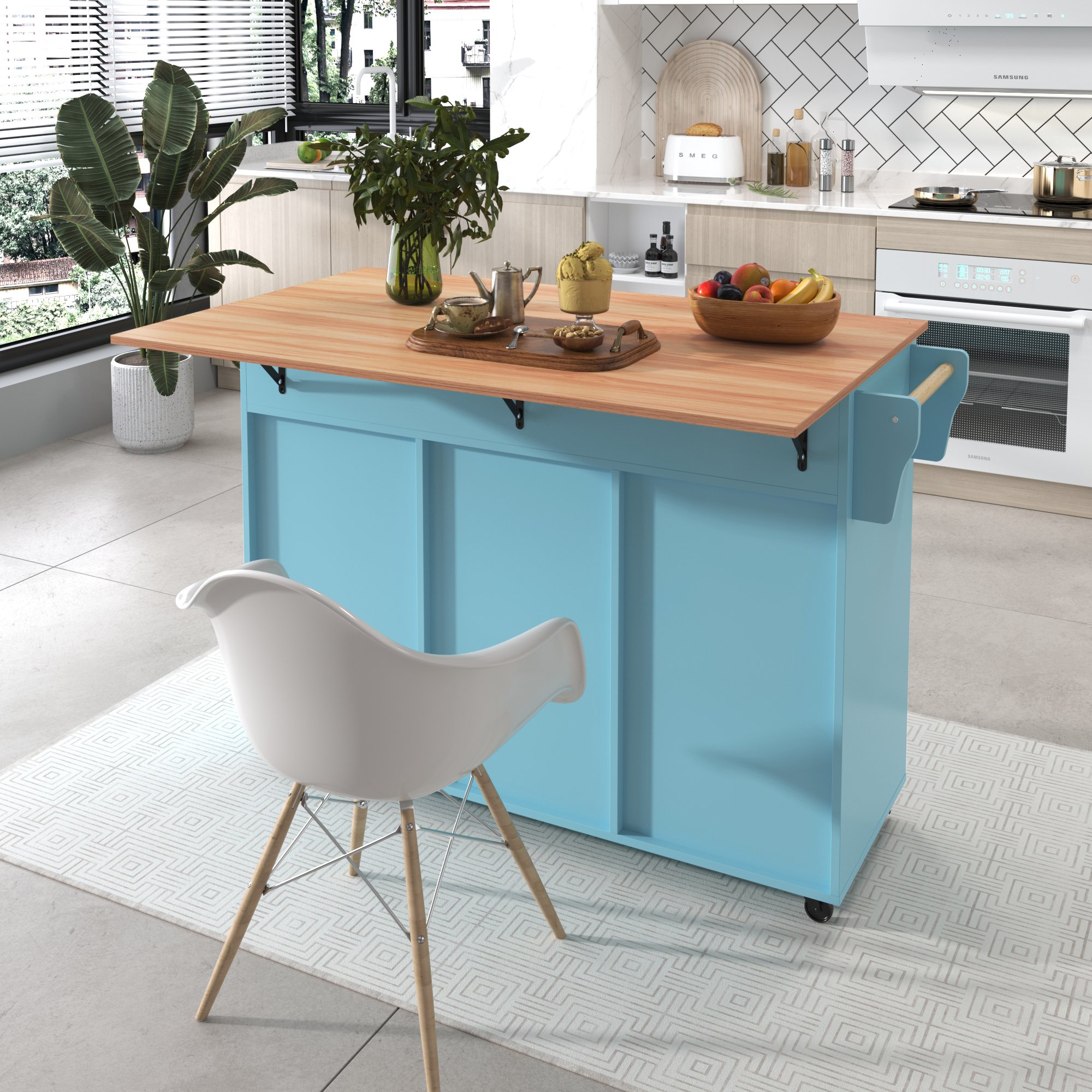 Petit ilot de cuisine avec rangement, plan de travail extensible, bleu, sur roulettes, 129 cm