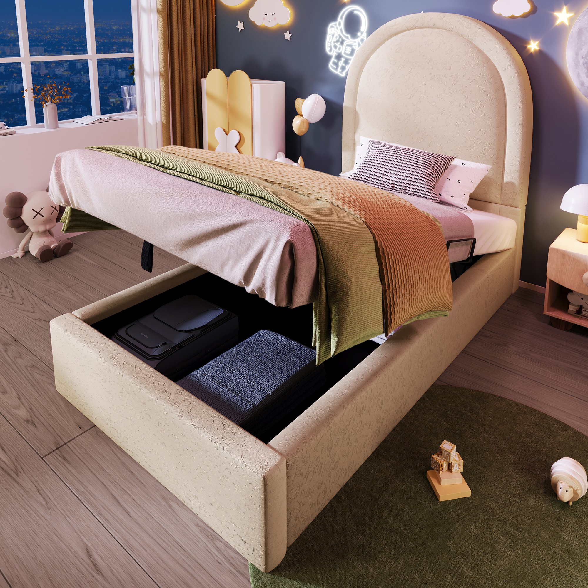 Lit coffre 90x200 beige avec matelas et sommier, rangement hydraulique sous le lit pour enfant garçon fille
