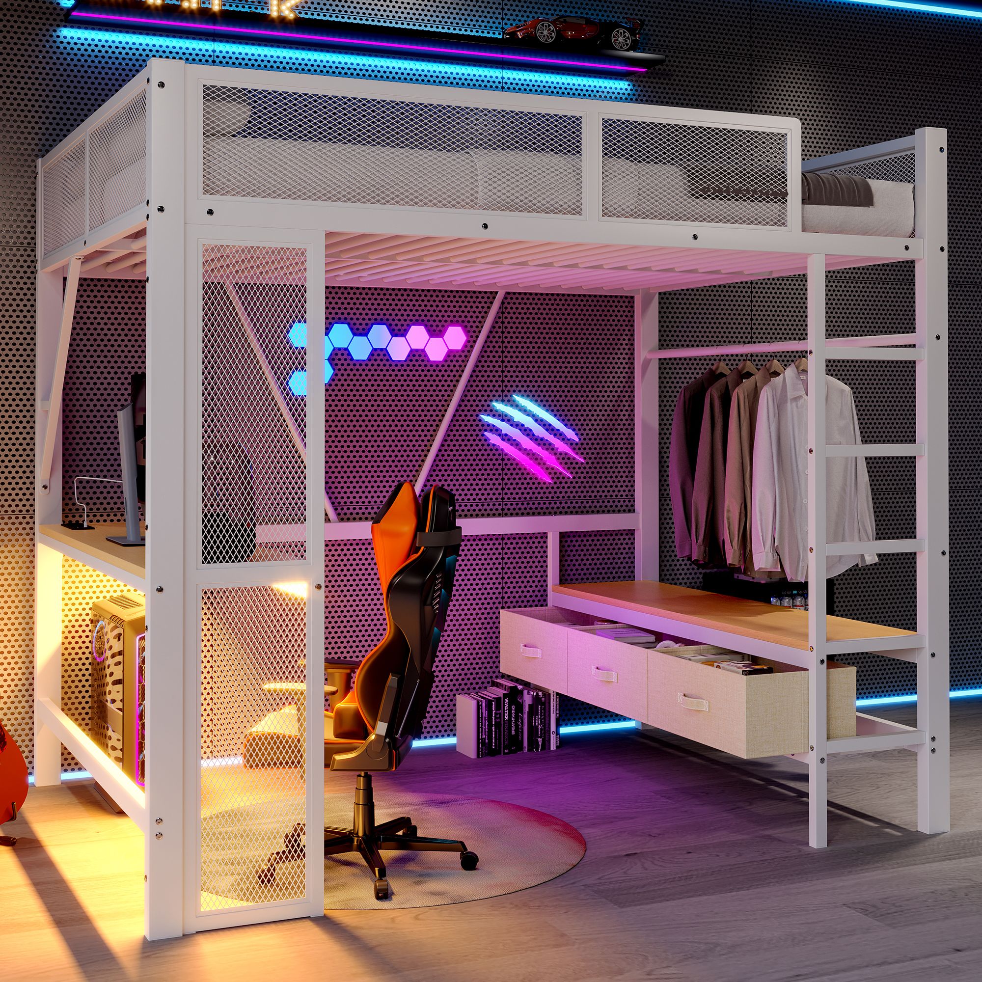Lit mezzanine 140x200 avec bureau et rangements, échelle, LED, pour enfant et adulte