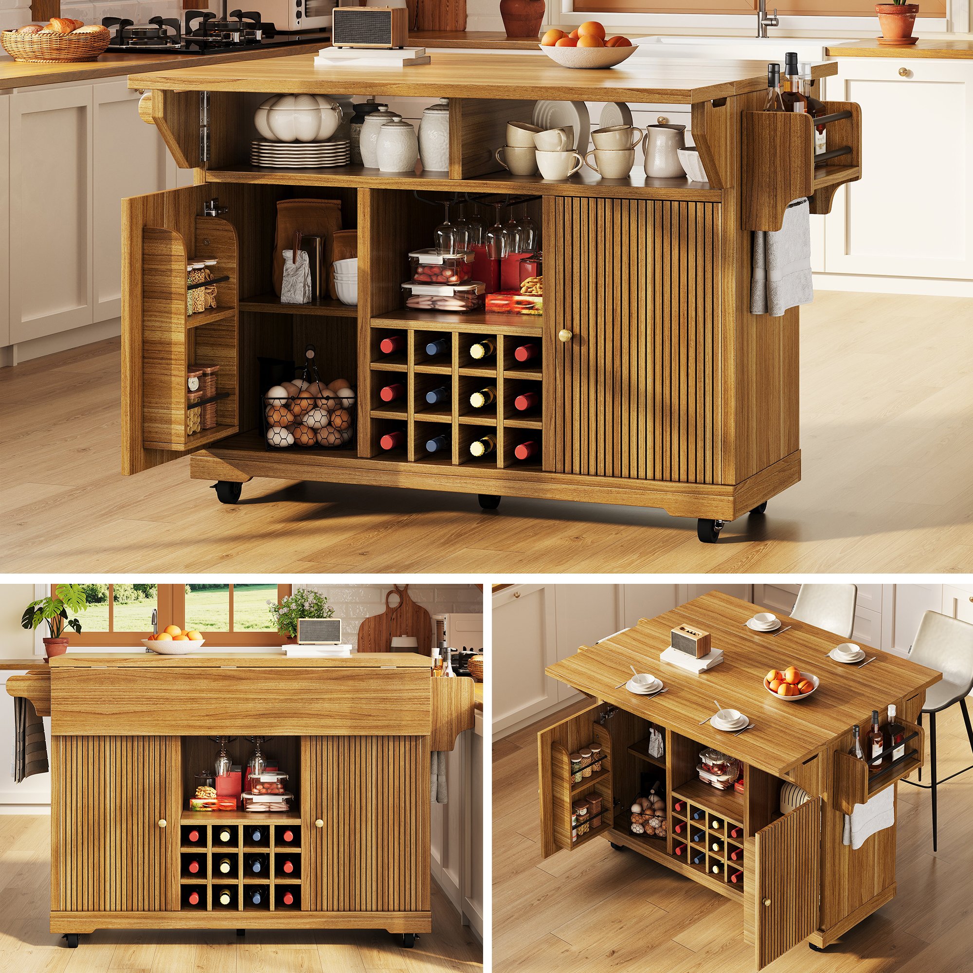 Îlot de cuisine avec rangement, plan de travail 95 cm, table extensible, roulettes, Panneau composite de fibres de bois à densité marron foncé, pour petite cuisine
