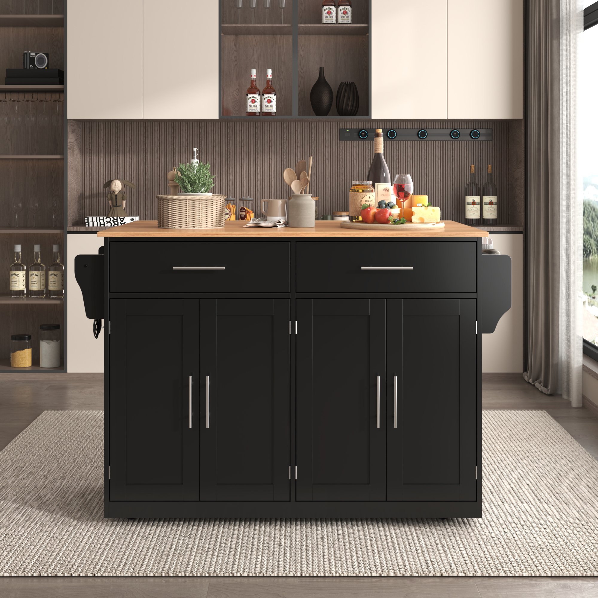 Îlot de cuisine en panneaux de particules, noir et bois naturel, avec plan de travail rabattable et roulettes, 120 cm