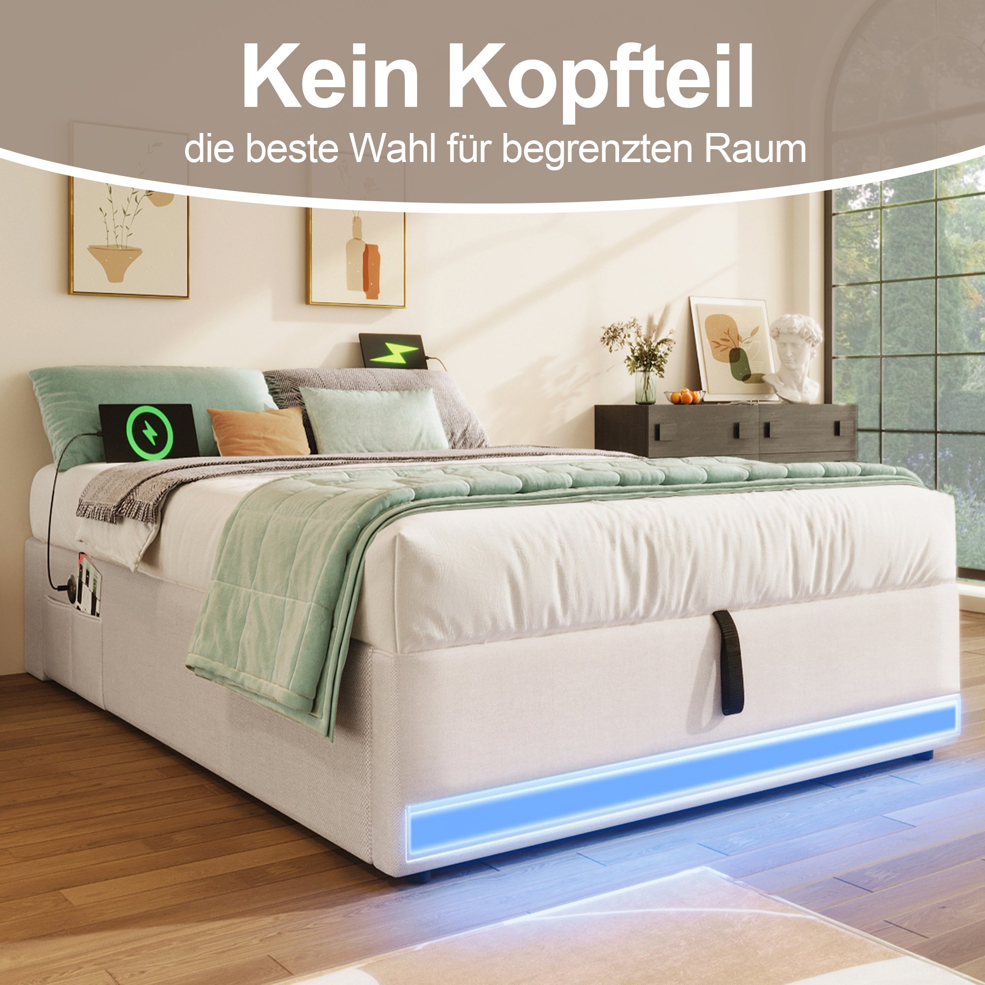 Lit coffre 90x200 en lin beige avec rangement hydraulique, LED, USB et Type-C, sans tête de lit