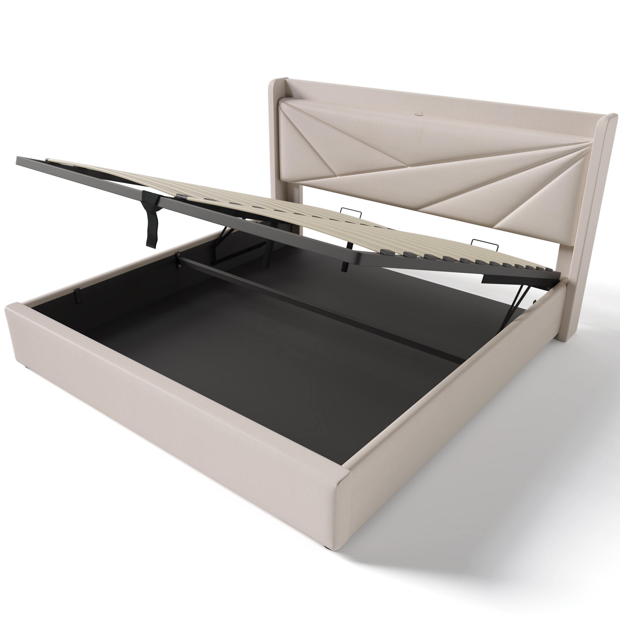 lit coffre double 160x200 beige en tissu lin avec rangement sous le sommier, tête de lit rembourrée et ports USB Type-C
