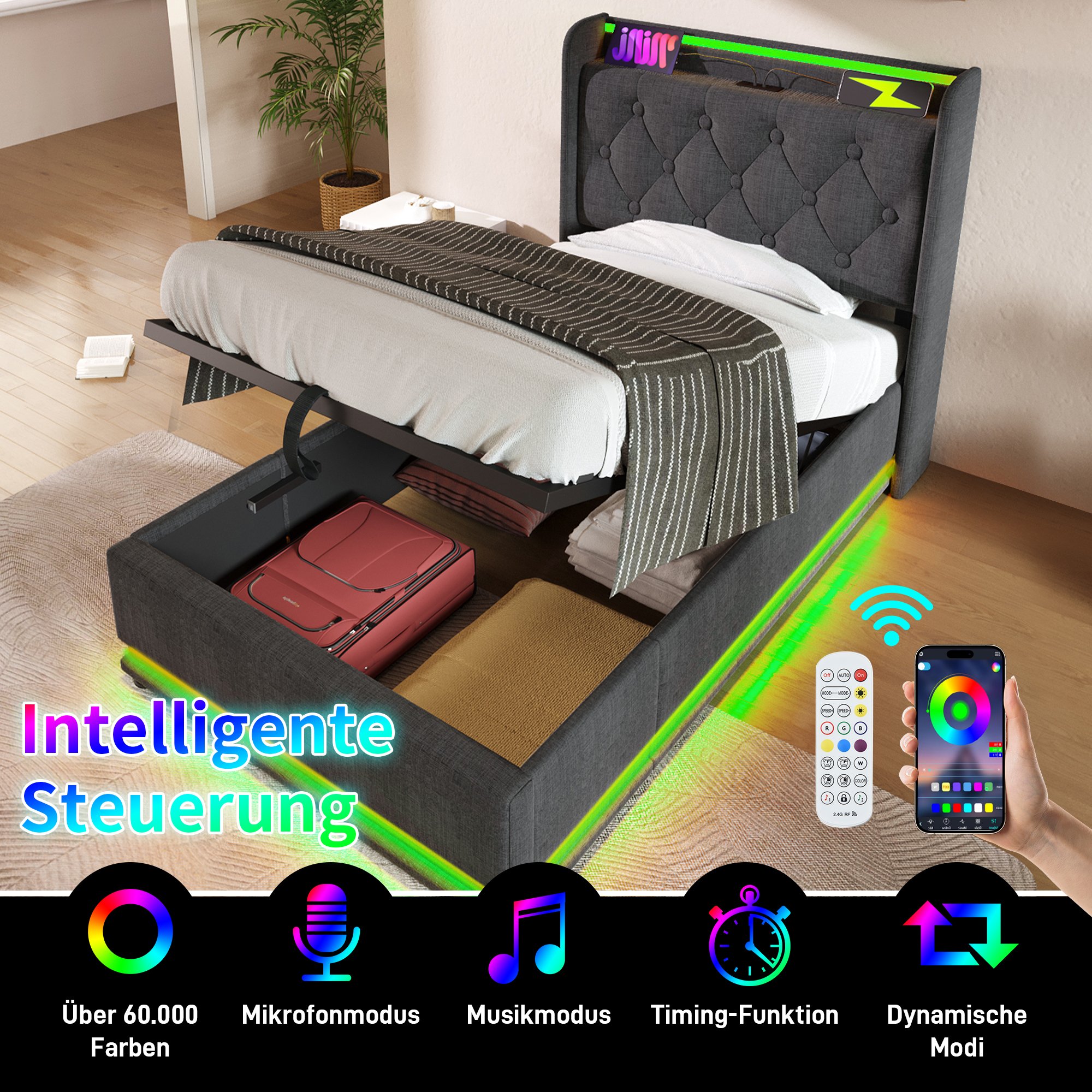Lit coffre 90x200 gris avec LED, rangement hydraulique, tête de lit capitonnée USB Type-C et matelas inclus