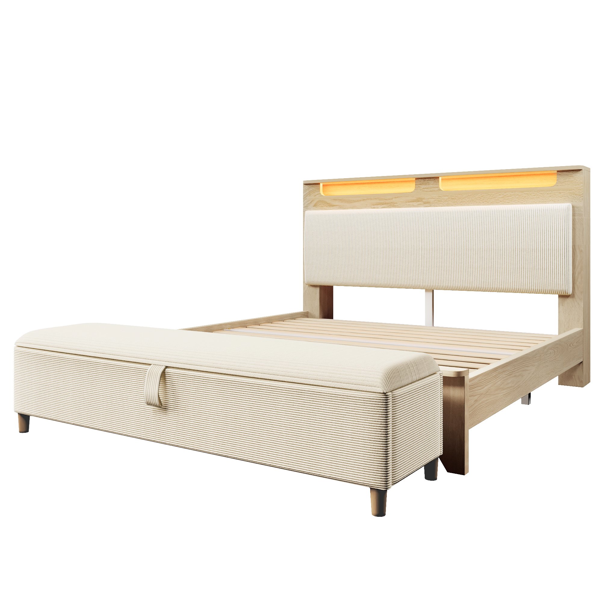 Lit coffre 140x200 structure chêne clair et tête de lit capitonnée corduroy beige, incluant matelas et banc de lit assorti