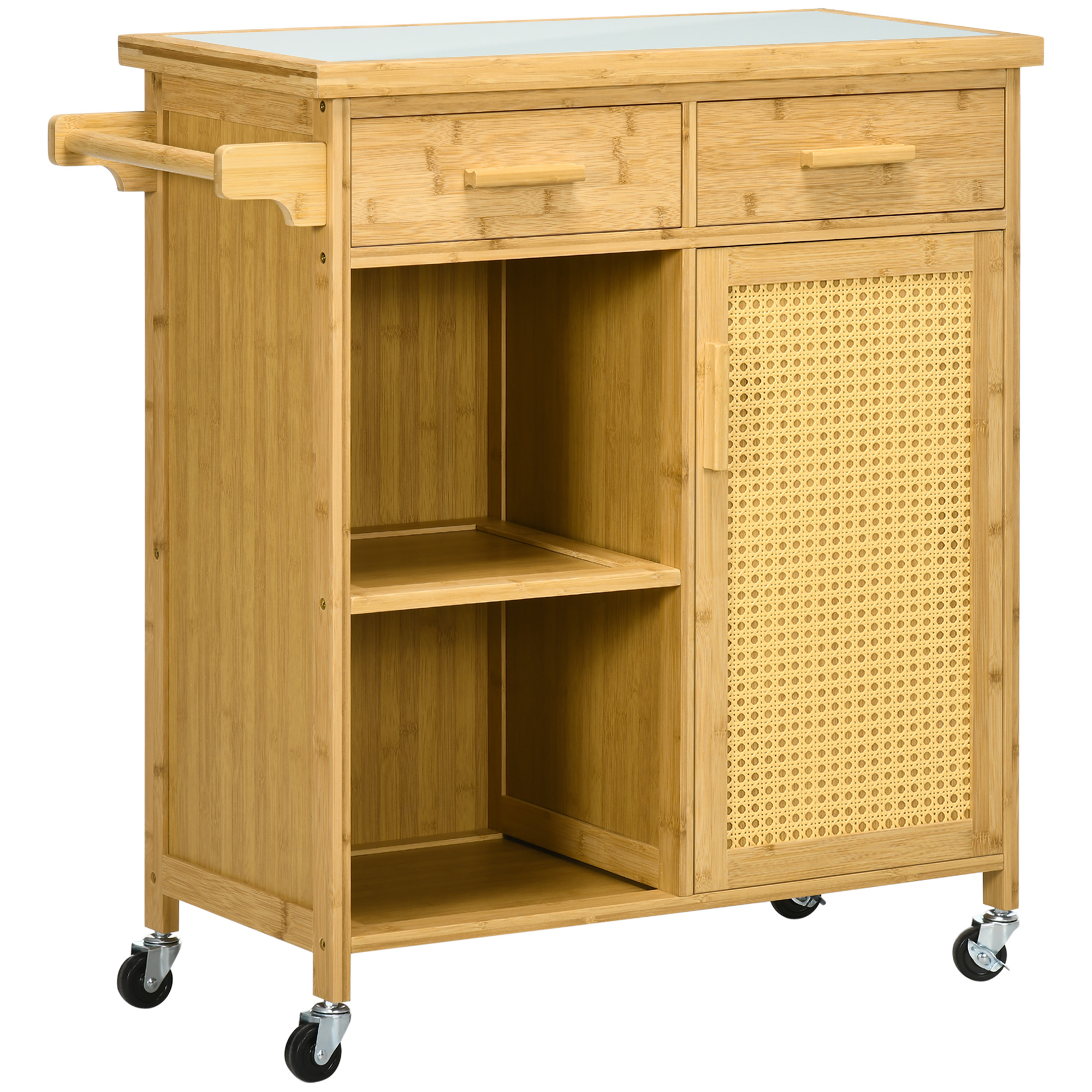 Petit îlot de cuisine sur roulettes avec rangement, en bambou naturel, plan de travail, porte-serviettes, 84x36x85 cm