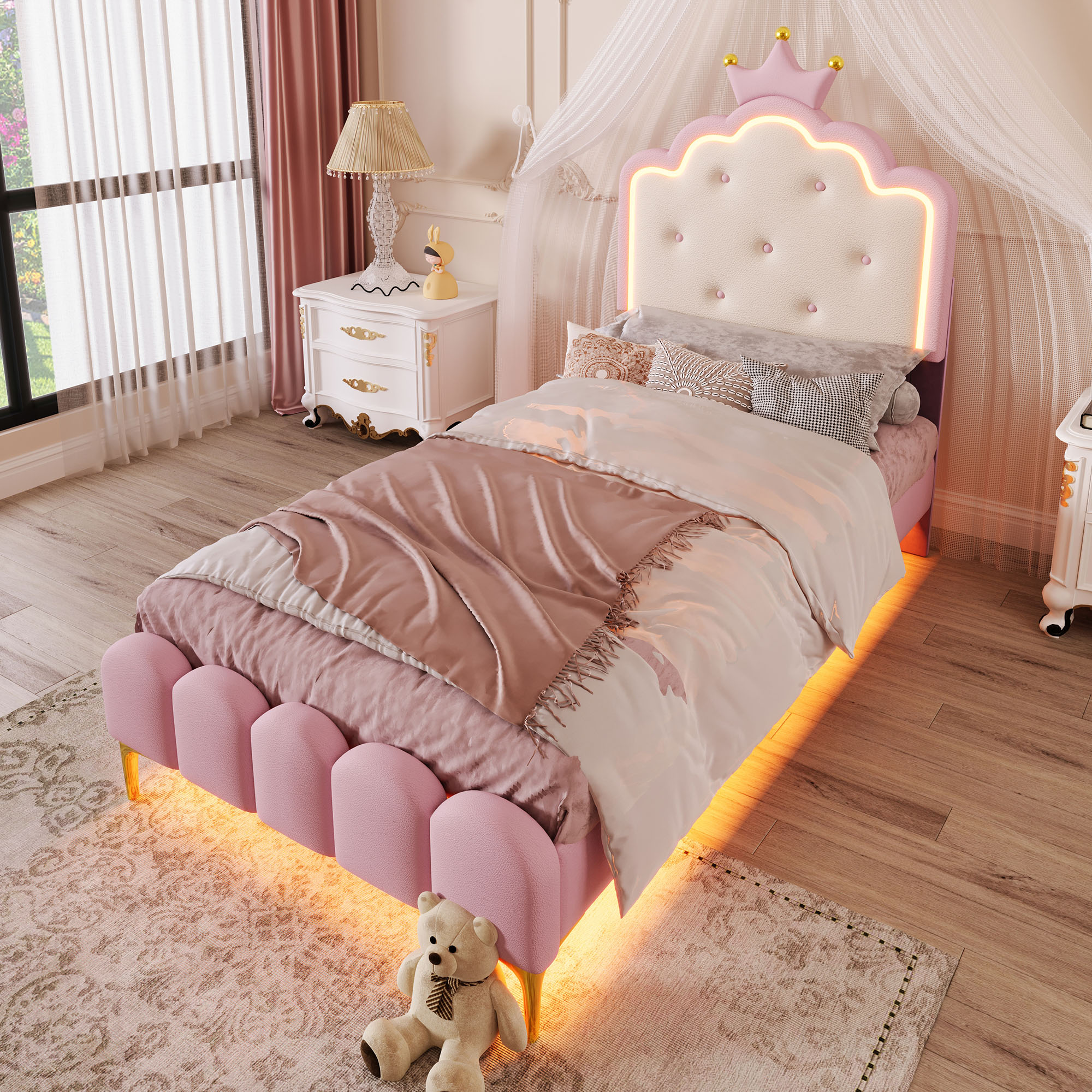 Lit rembourré 90x200 avec éclairage LED et sommier à lattes, rose