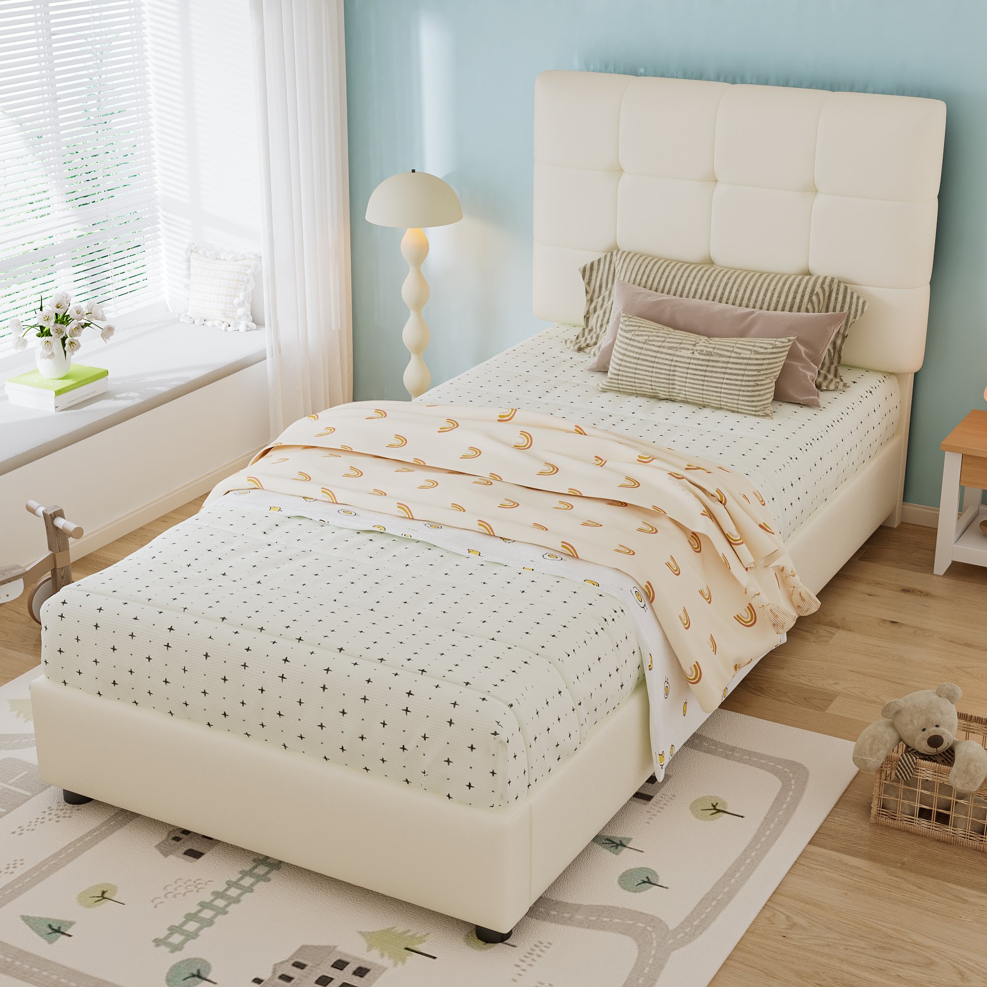 Lit capitonné 90x200 en PU, fer et mousse avec sommier à lattes, beige