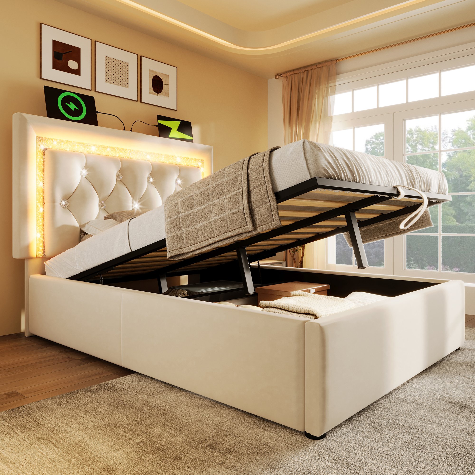 lit coffre 90x200 en velours beige avec rangement hydraulique, LED, ports USB Type-C et sommier à lattes