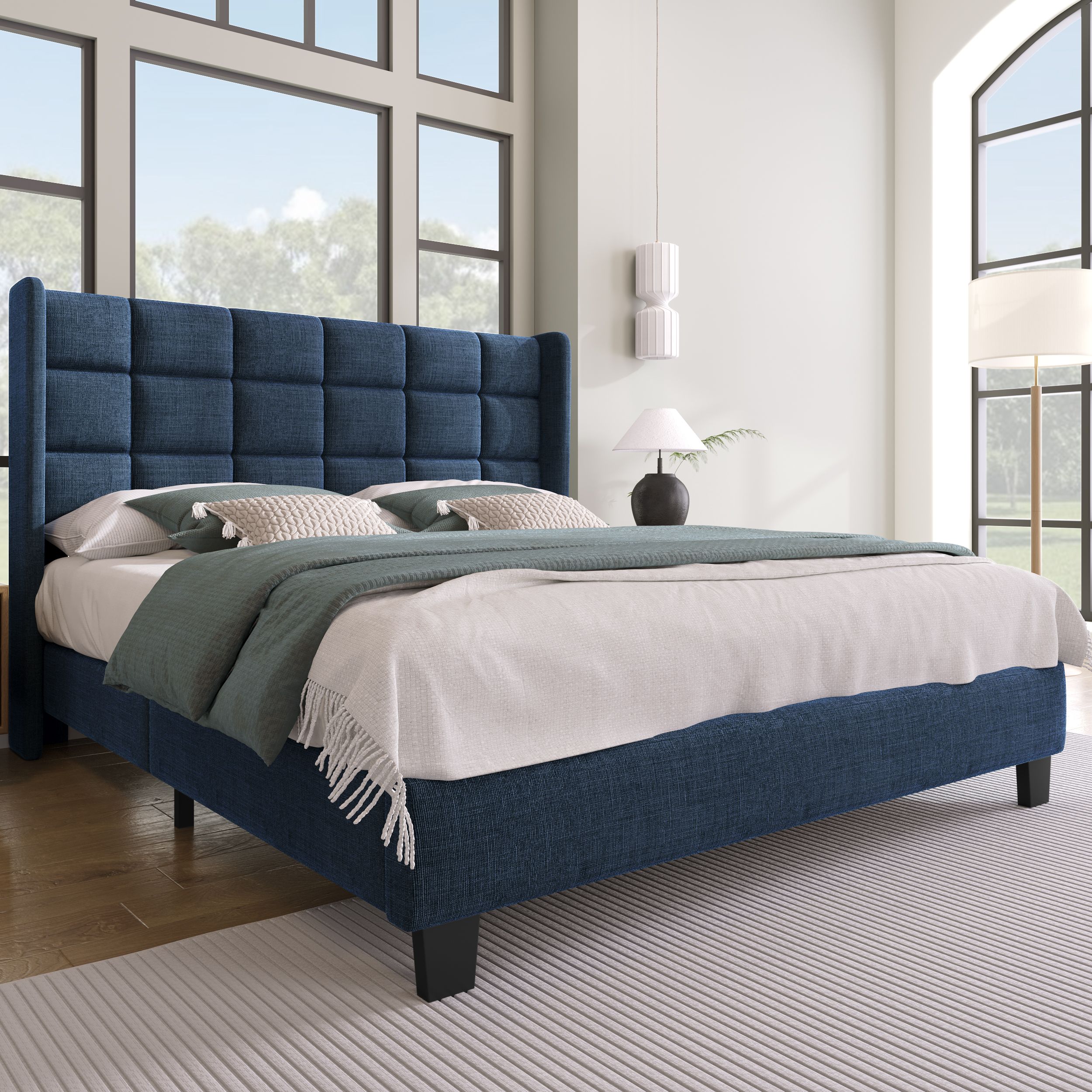 Lit double rembourré 140x200 bleu lin avec tête haute, sommier à lattes inclus, pieds noirs