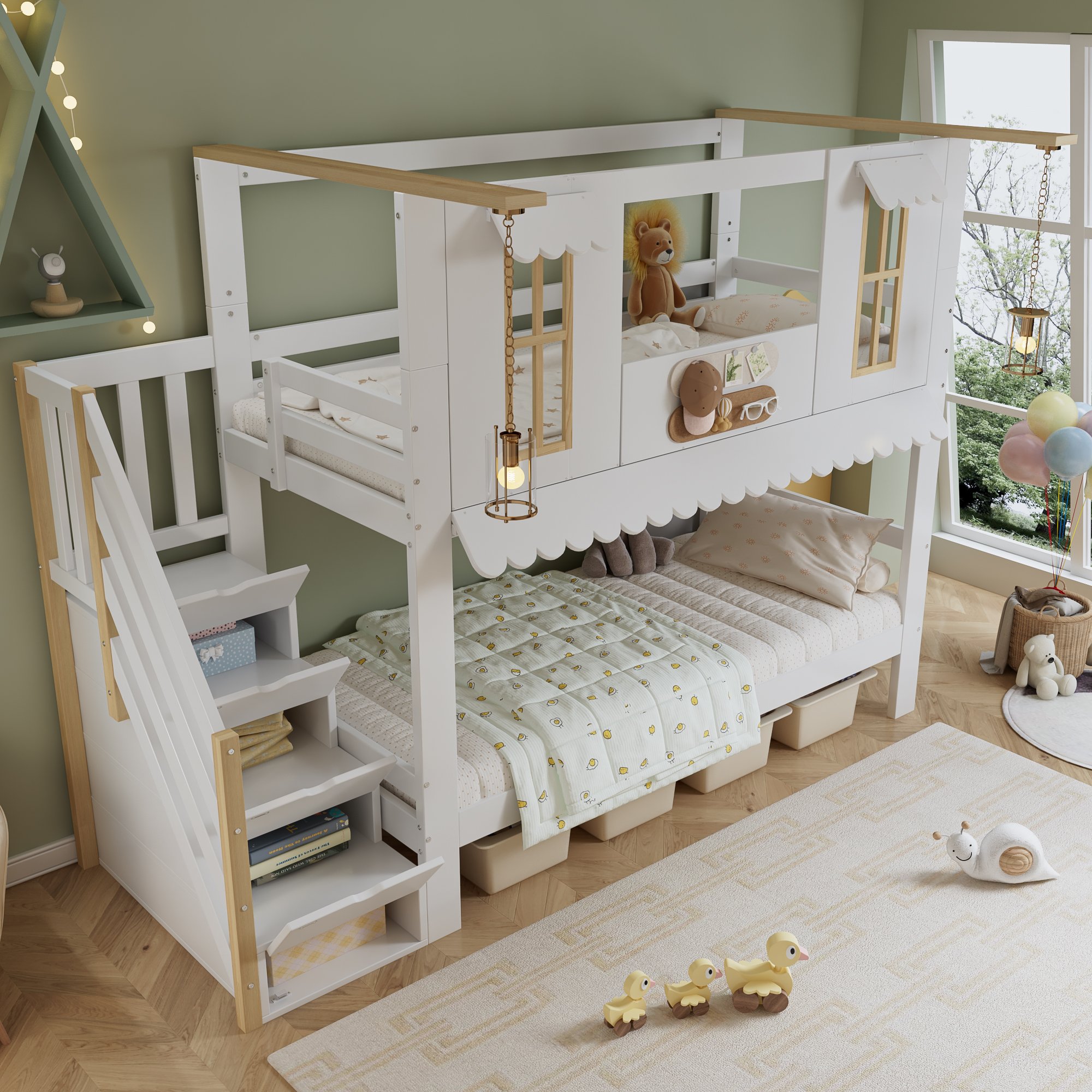 Lit superposé enfant 90x200 pin et Panneau composite de fibres de bois à densité blanc naturel avec rangements et fenêtres décoratives