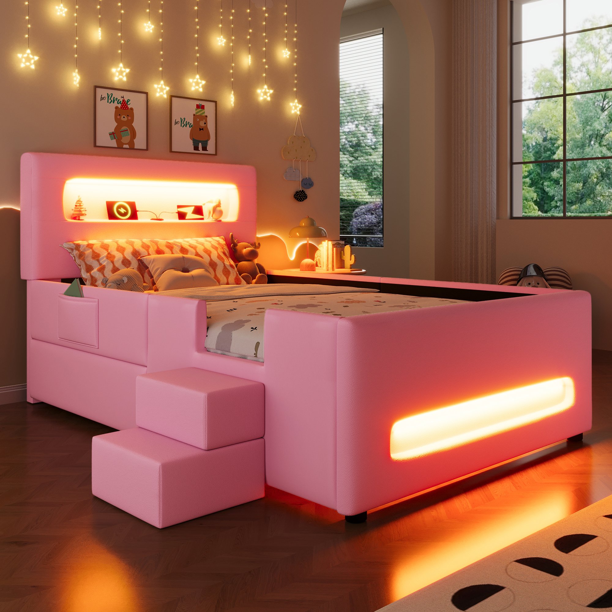 Lit coffre 90x200 rose avec rangement, LED, USB et échelle pour enfant