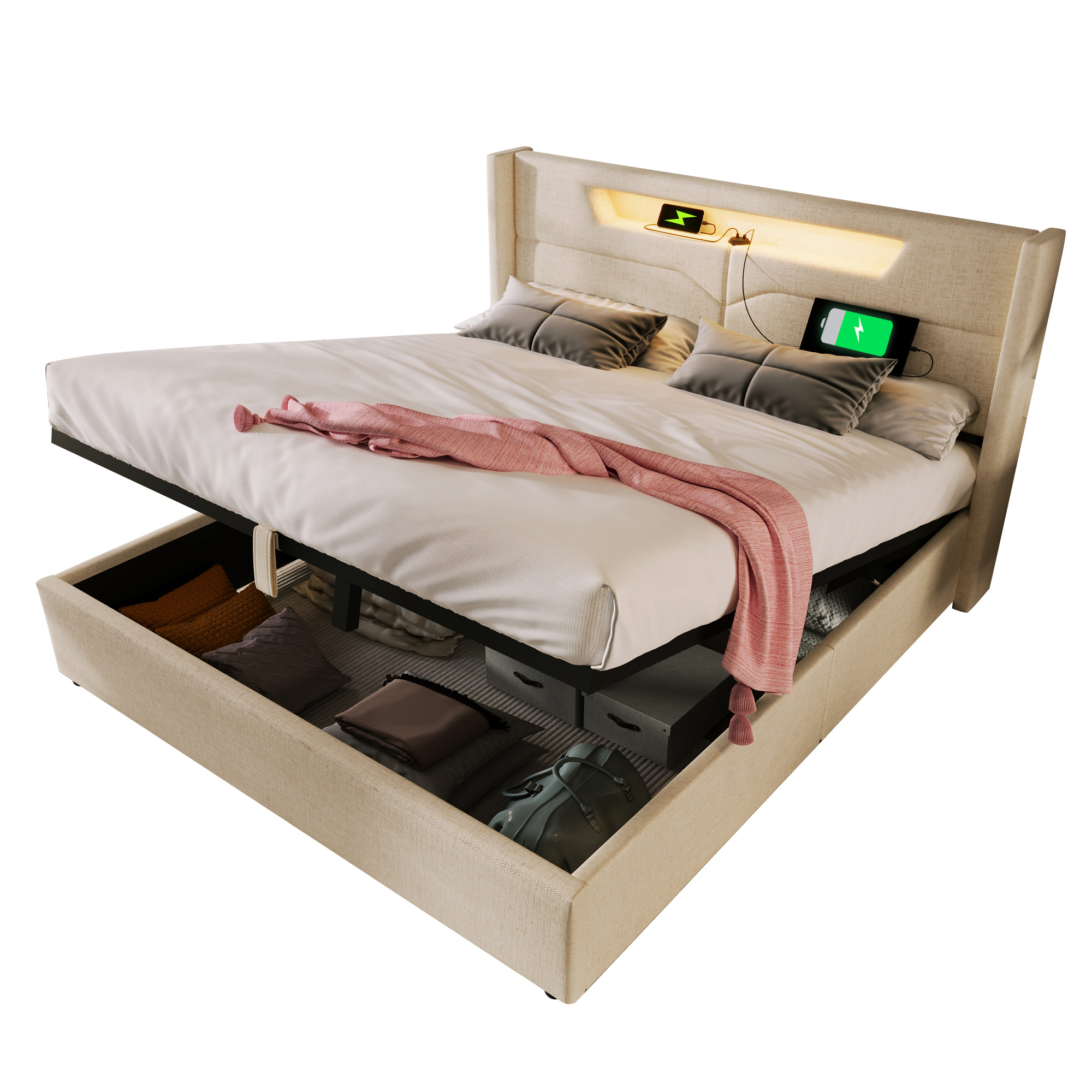 Lit coffre 140x200 avec sommier et matelas, lit double beige LED USB Type-C