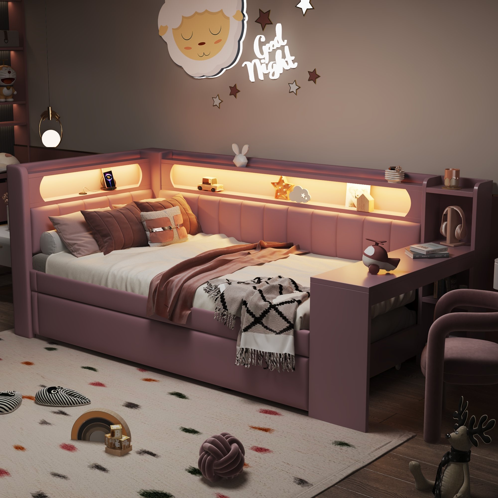 Lit gigogne 90x200 en Panneau composite de fibres de bois à densité et contreplaqué, revêtement en lin, avec sommier à lattes et LED