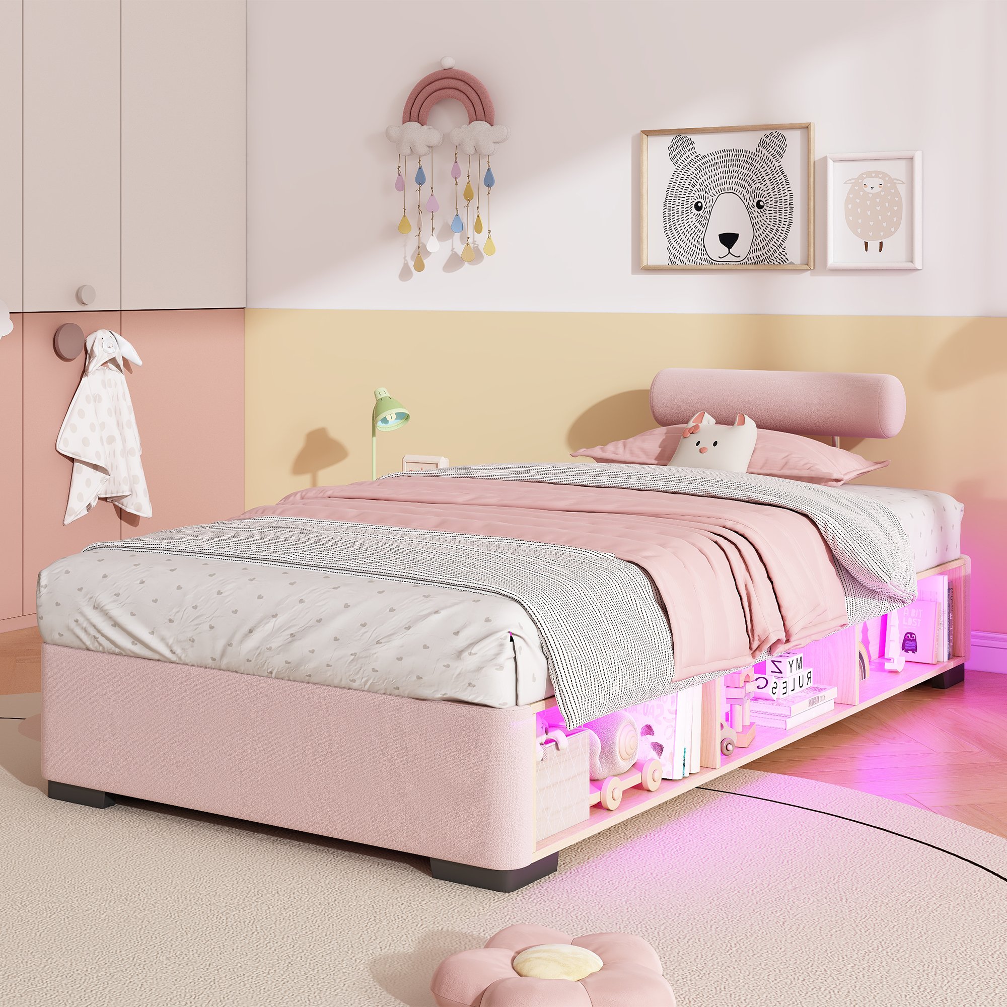 Lit enfant avec rangement, 90x200 cm, velours rose, étagère latérale avec LED, tête de lit rembourrée