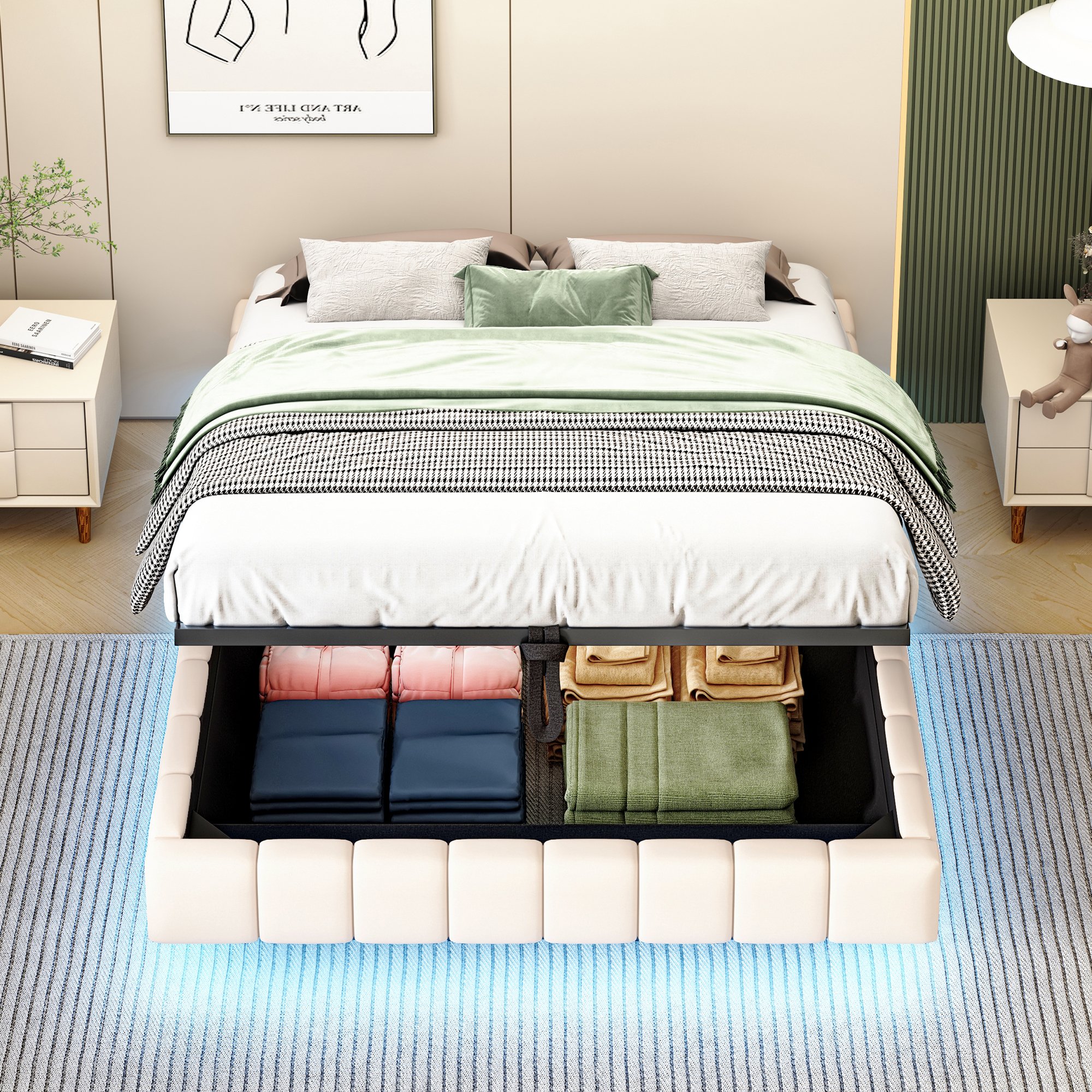 Lit coffre 140x200 avec rangement hydraulique, LED et sommier à lattes, beige