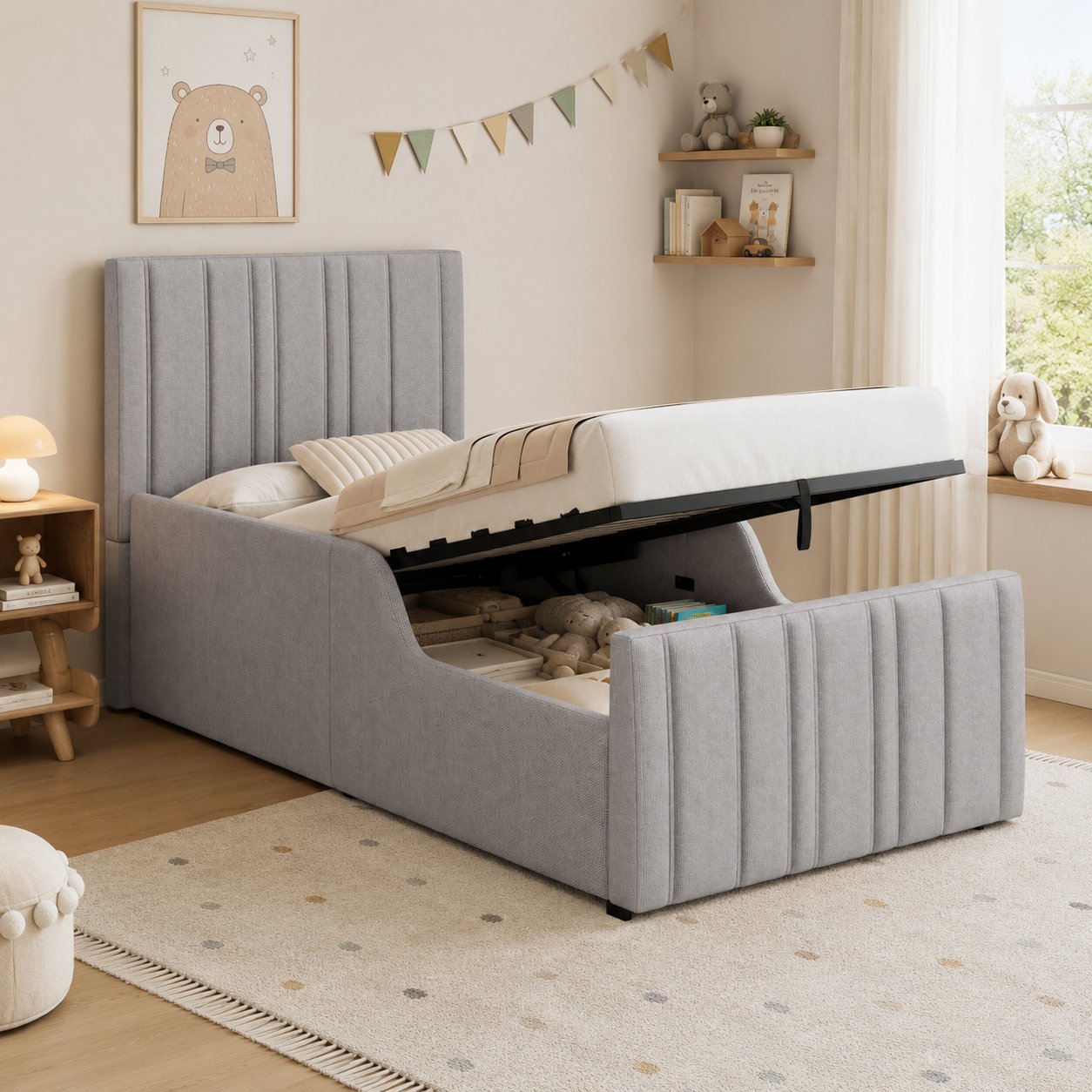 Lit coffre simple 90x200 cm dimensions totales 214.5 x 106.5 x 102 cm matelas recommandé moins de 15 cm sans tiroirs