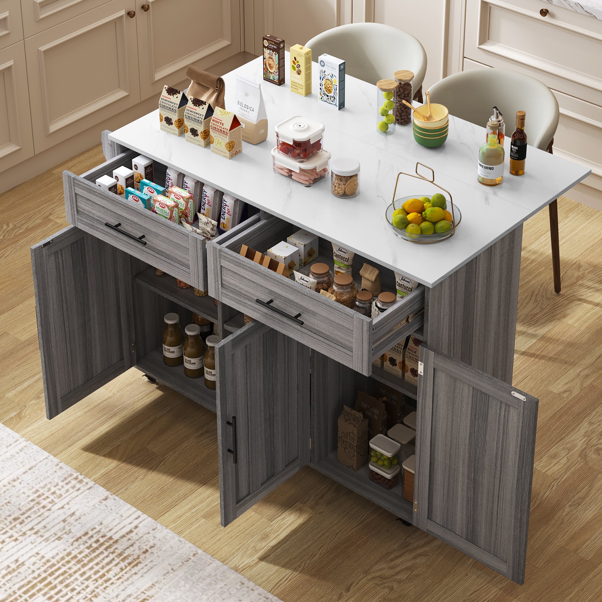Îlot de cuisine sur roulettes avec table pliante, rangements, tiroirs et étagères réglables, blanc et gris, 129x46x91,5 cm