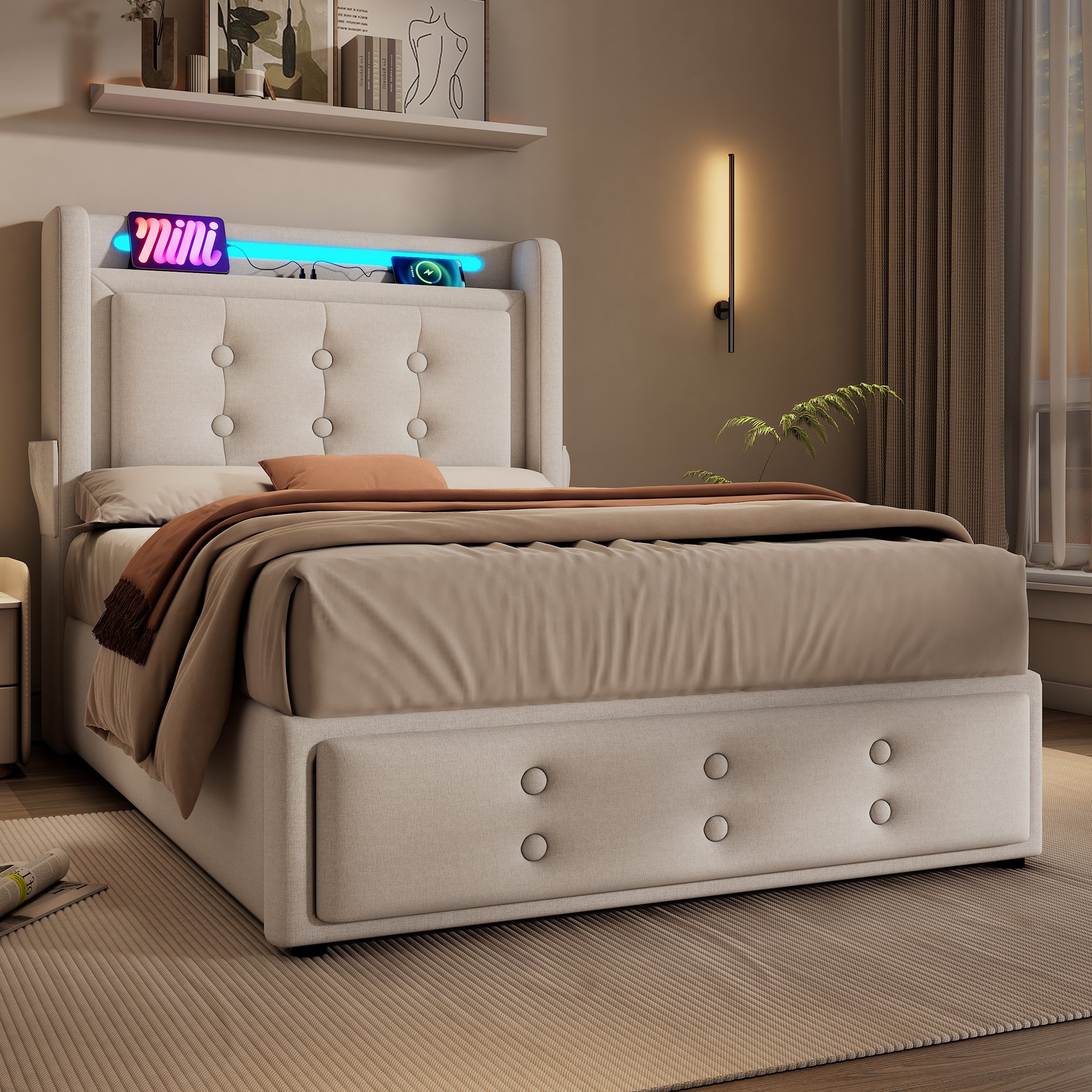 lit coffre 90x200 structure métal bois revêtement coton lin beige, tête de lit capitonnée avec fonction LED intégrée