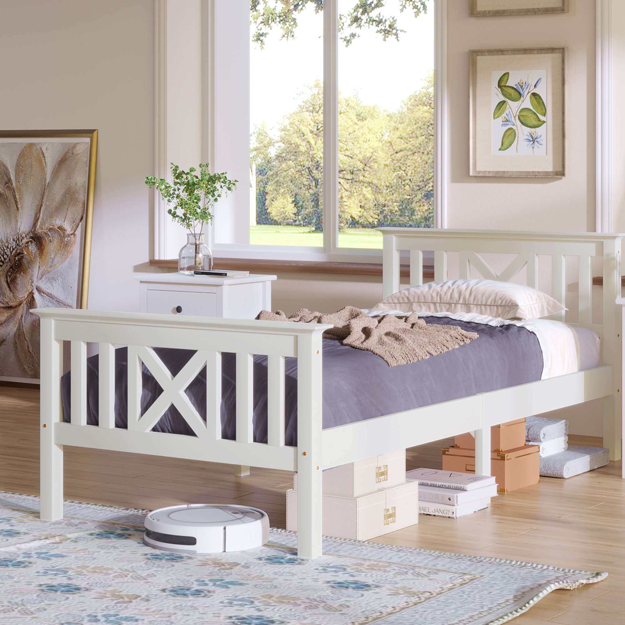 Lit enfant 90x200 blanc en pin massif avec sommier à lattes et tête de lit design en X, cadre robuste pour adolescent
