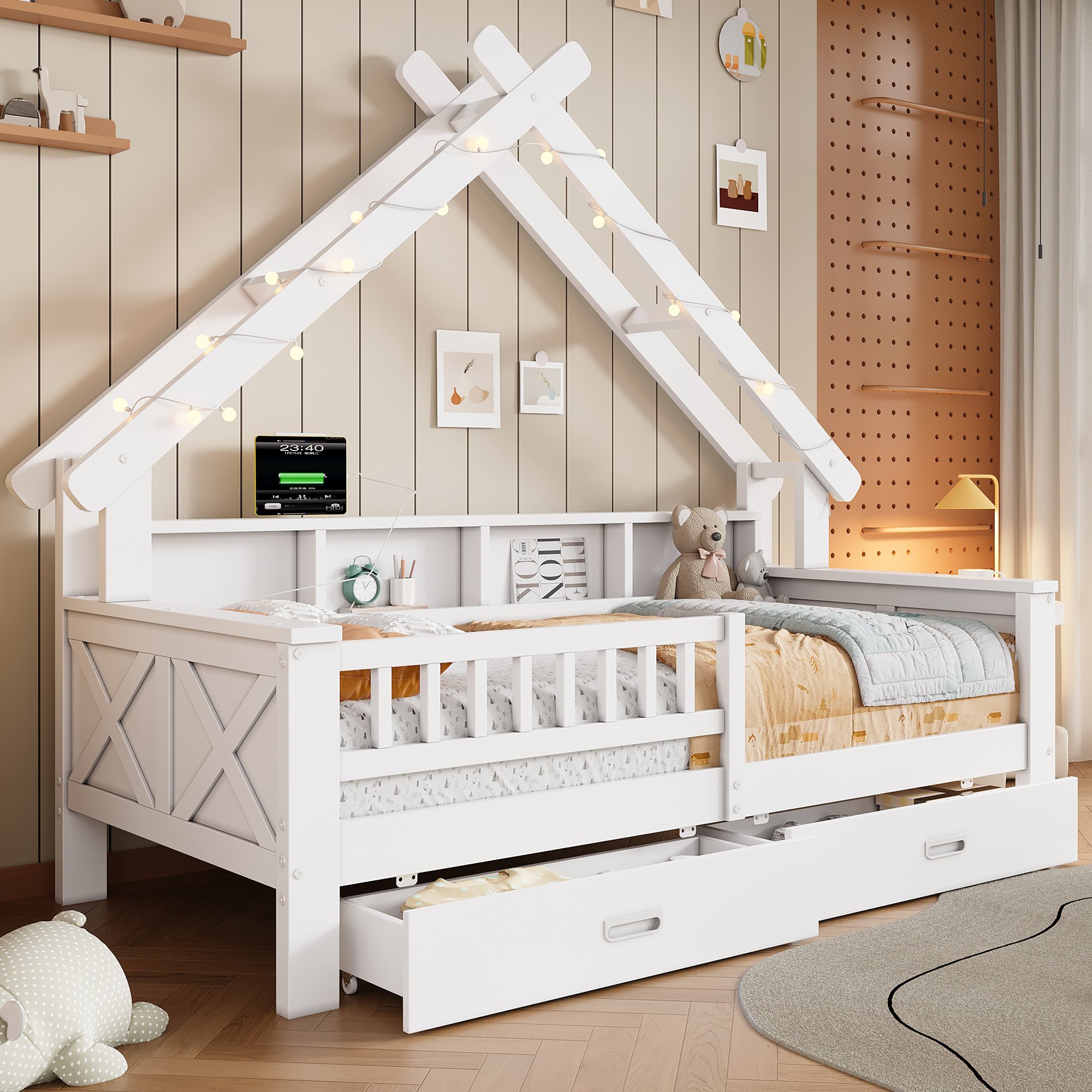Lit cabane enfant avec LED et rangements, 90x200, protection et tiroirs