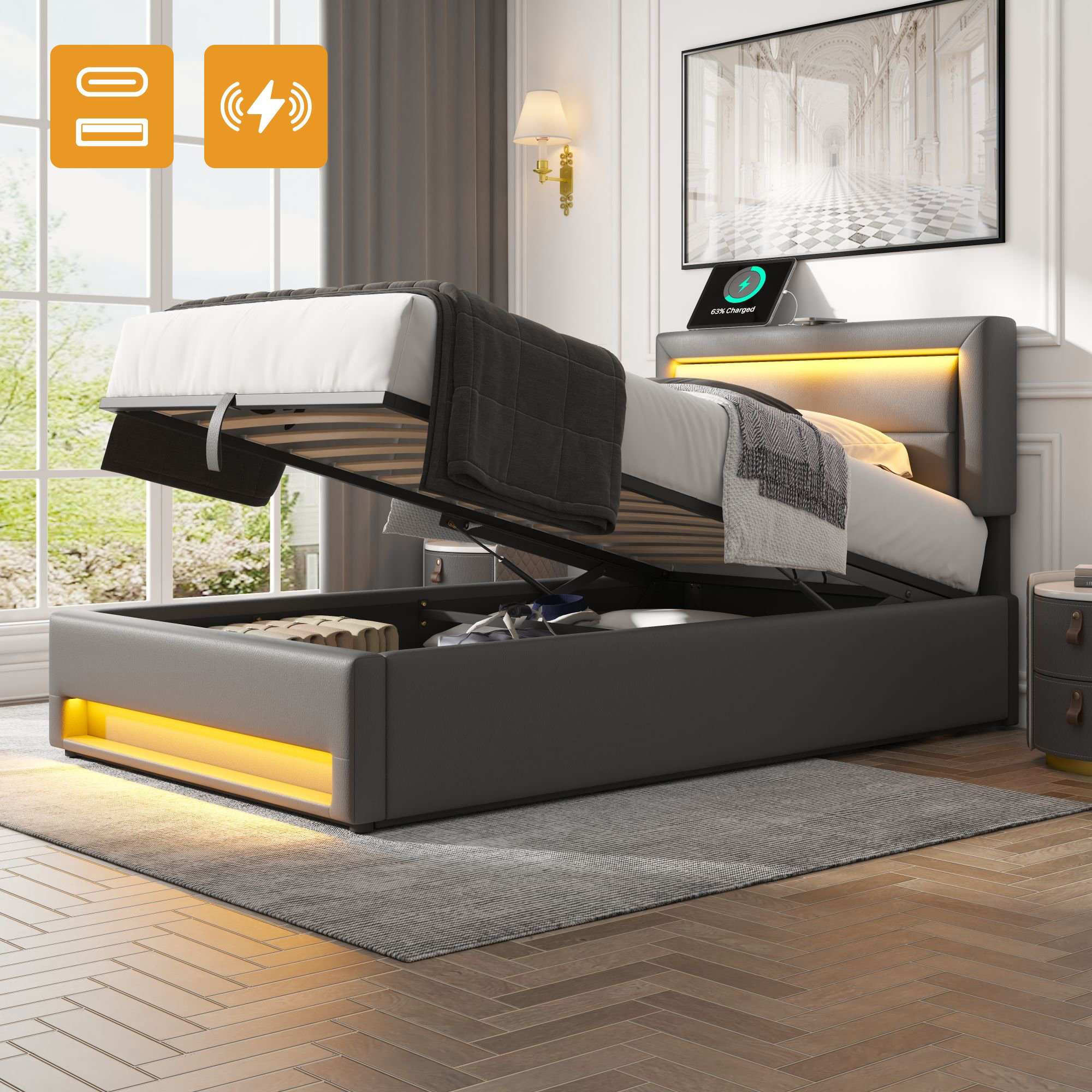 Lit coffre 90x190 gris avec LED et USB, design multifonctionnel pour chambre adulte, montage facile, revêtement PU texturé