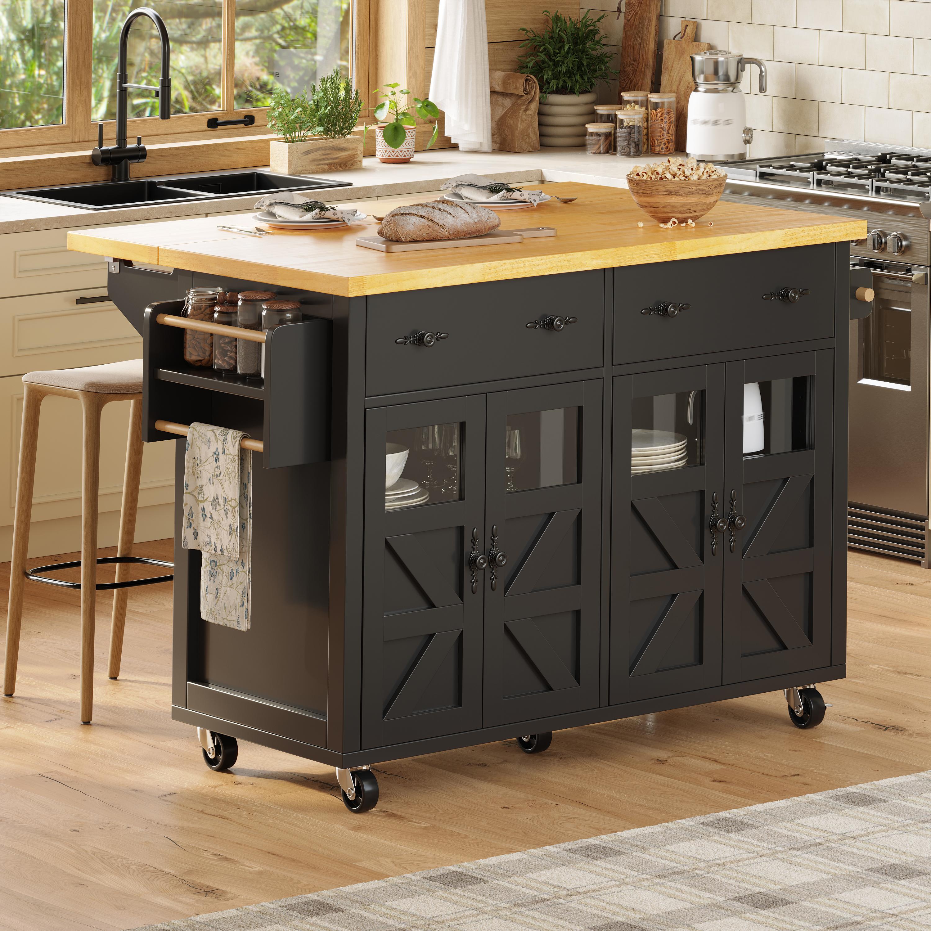 Îlot de cuisine noir avec rangement, plan de travail extensible, roulettes avec freins, étagères réglables, en Panneau composite de fibres de bois à densité, pour cuisine et salle à manger
