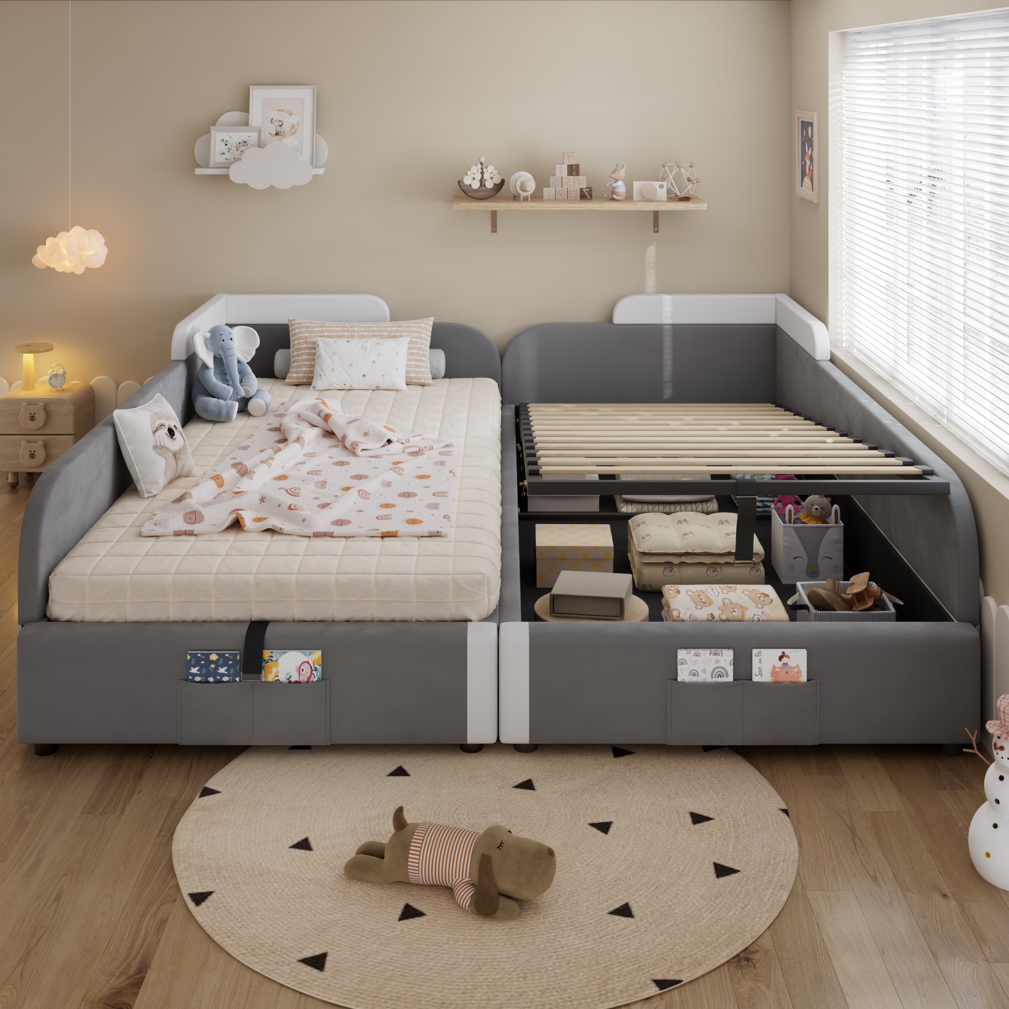Lit coffre 90x200 cm pour enfant avec rangement hydraulique et barrière, velours gris