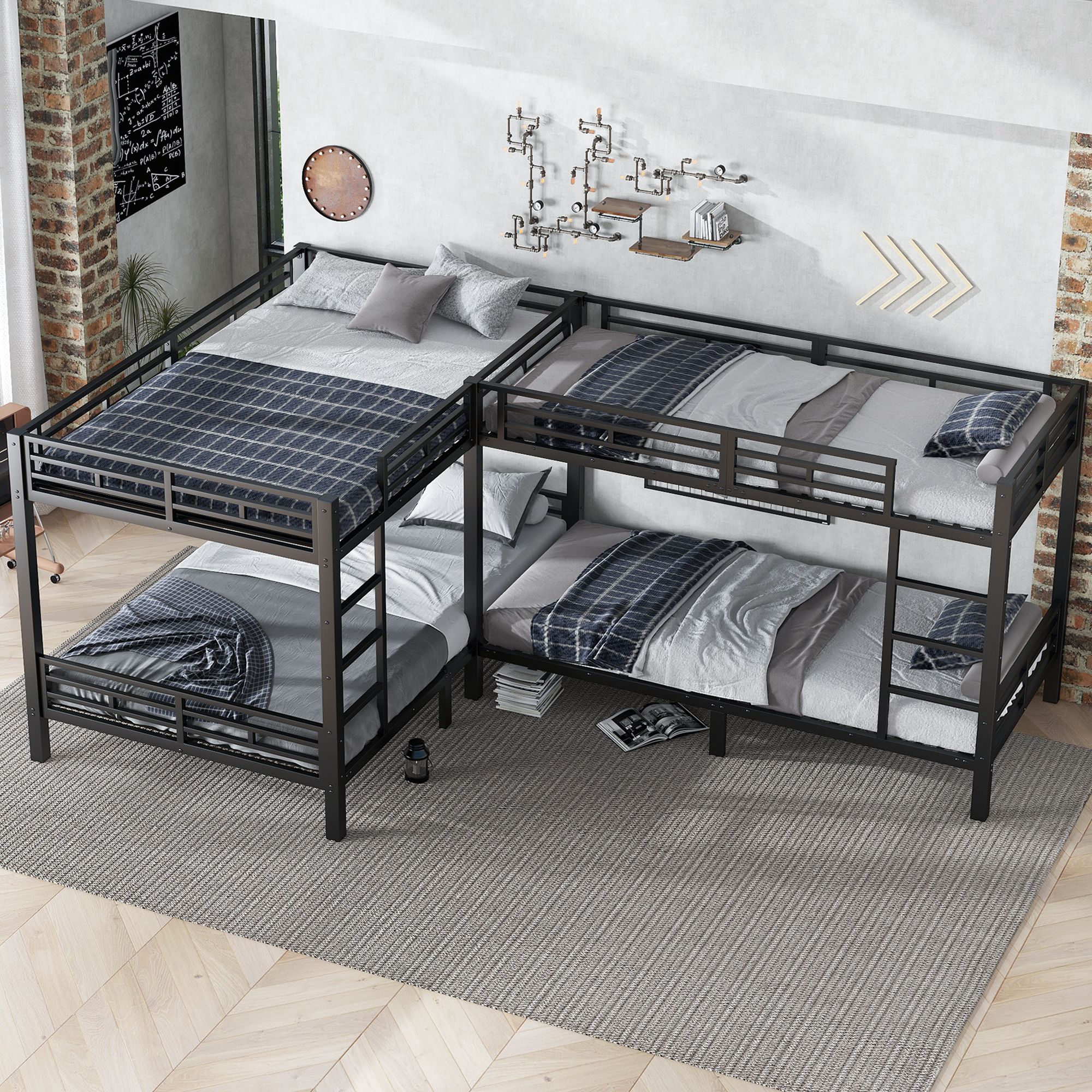 Lit superposé 90x200 et 140x200, 4 couchages, structure en fer noir avec échelle