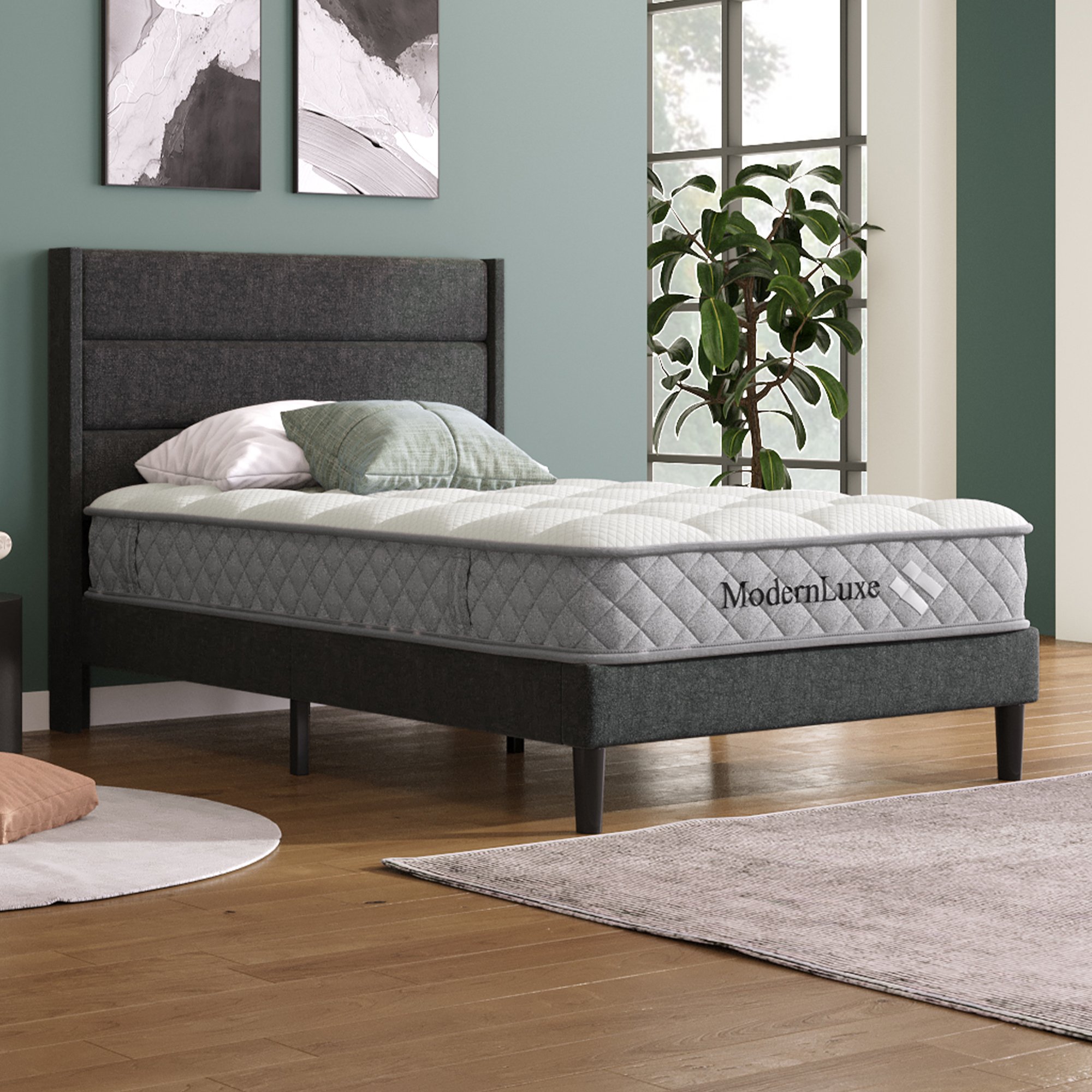 lit double avec sommier et matelas 90x200 gris foncé, soutien ergonomique 7 zones H3 pour sommeil optimal
